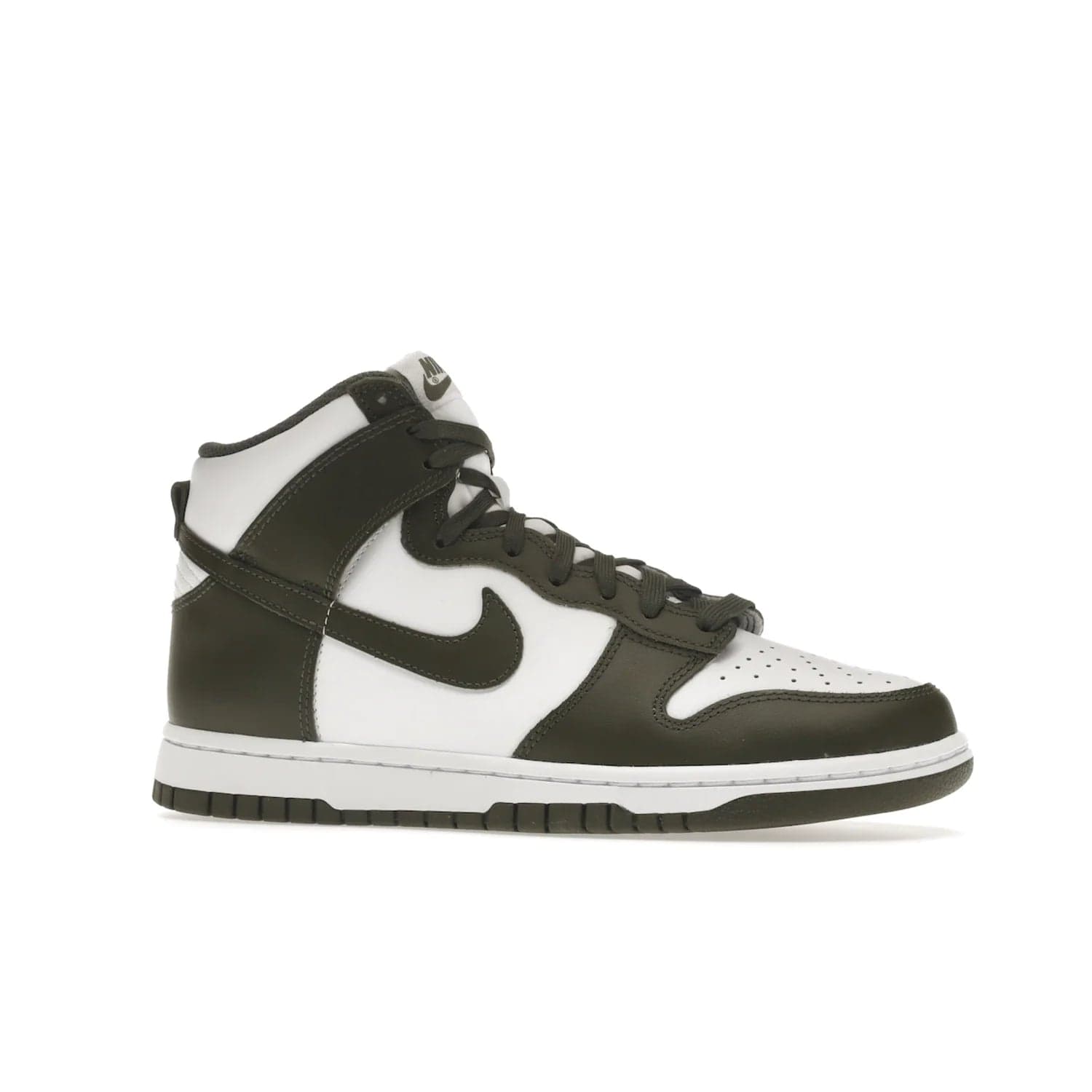 Nike Dunk High Retro Cargo Khaki (2021) - Image 3 - Only at www.BallersClubKickz.com - Introducing the Nike Dunk High Retro Cargo Khaki - a stylish high-top shoe from Nike featuring two primary colors, khaki and white. Quality leather and classic Nike tread style with a rich khaki green swoosh symbol. June 2022 release, starting at $115.