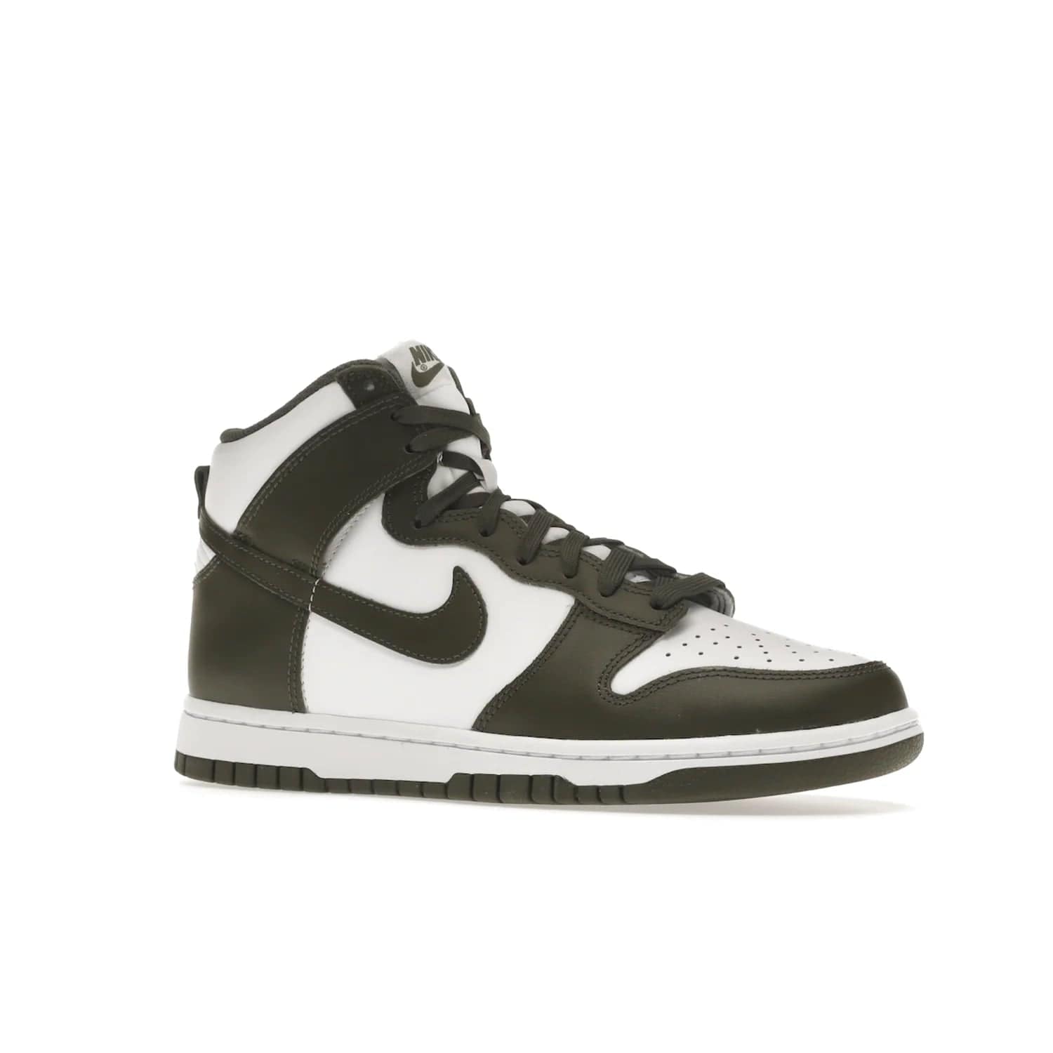 Nike Dunk High Retro Cargo Khaki (2021) - Image 4 - Only at www.BallersClubKickz.com - Introducing the Nike Dunk High Retro Cargo Khaki - a stylish high-top shoe from Nike featuring two primary colors, khaki and white. Quality leather and classic Nike tread style with a rich khaki green swoosh symbol. June 2022 release, starting at $115.