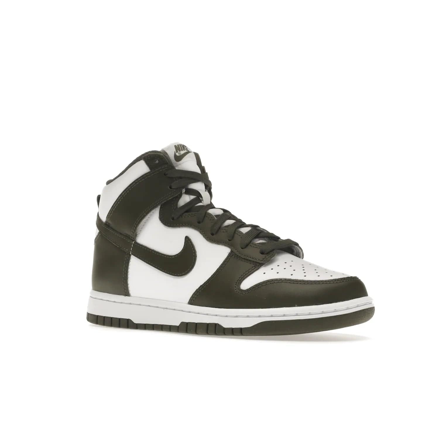 Nike Dunk High Retro Cargo Khaki (2021) - Image 5 - Only at www.BallersClubKickz.com - Introducing the Nike Dunk High Retro Cargo Khaki - a stylish high-top shoe from Nike featuring two primary colors, khaki and white. Quality leather and classic Nike tread style with a rich khaki green swoosh symbol. June 2022 release, starting at $115.