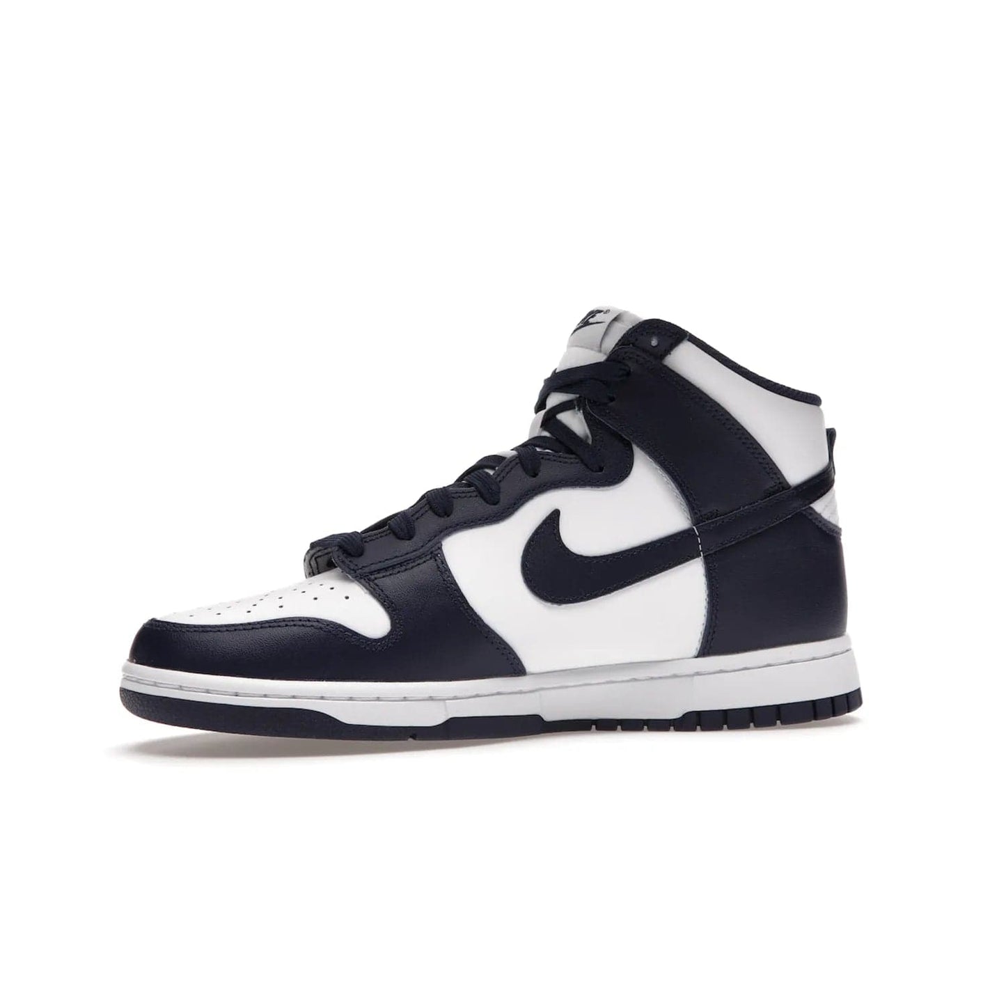 Nike Dunk High Championship Navy - Image 17 - Only at www.BallersClubKickz.com - Classic athletic style meets striking color-blocking on the Nike Dunk High Championship Navy. A white leather upper with Championship Navy overlays creates a retro look with a woven tongue label and sole. Unleash your inner champion with the Nike Dunk High Championship Navy.
