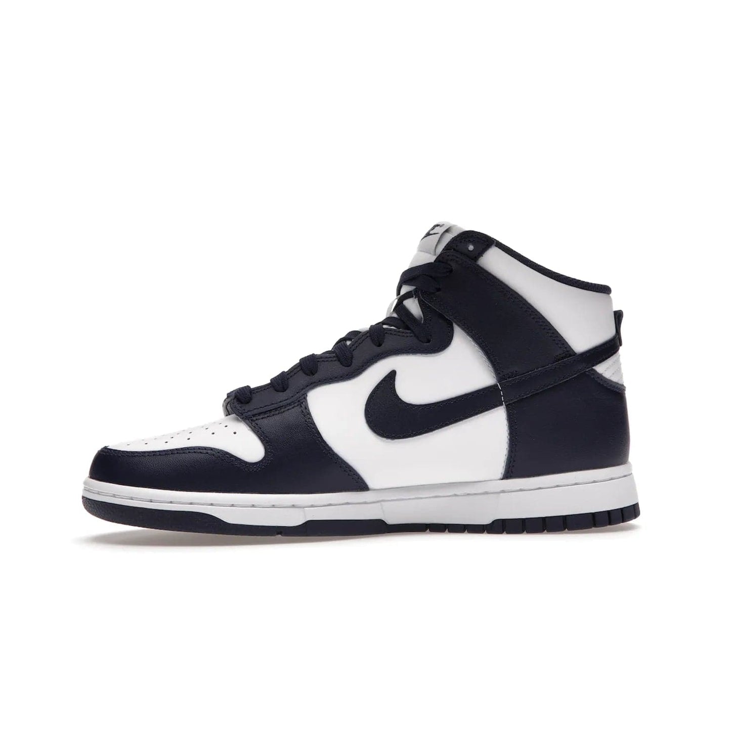 Nike Dunk High Championship Navy - Image 18 - Only at www.BallersClubKickz.com - Classic athletic style meets striking color-blocking on the Nike Dunk High Championship Navy. A white leather upper with Championship Navy overlays creates a retro look with a woven tongue label and sole. Unleash your inner champion with the Nike Dunk High Championship Navy.