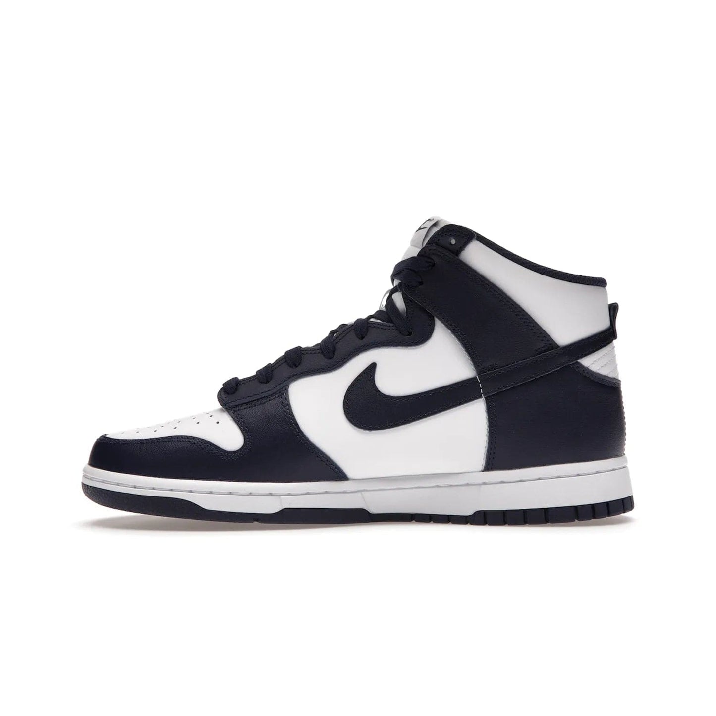 Nike Dunk High Championship Navy - Image 19 - Only at www.BallersClubKickz.com - Classic athletic style meets striking color-blocking on the Nike Dunk High Championship Navy. A white leather upper with Championship Navy overlays creates a retro look with a woven tongue label and sole. Unleash your inner champion with the Nike Dunk High Championship Navy.