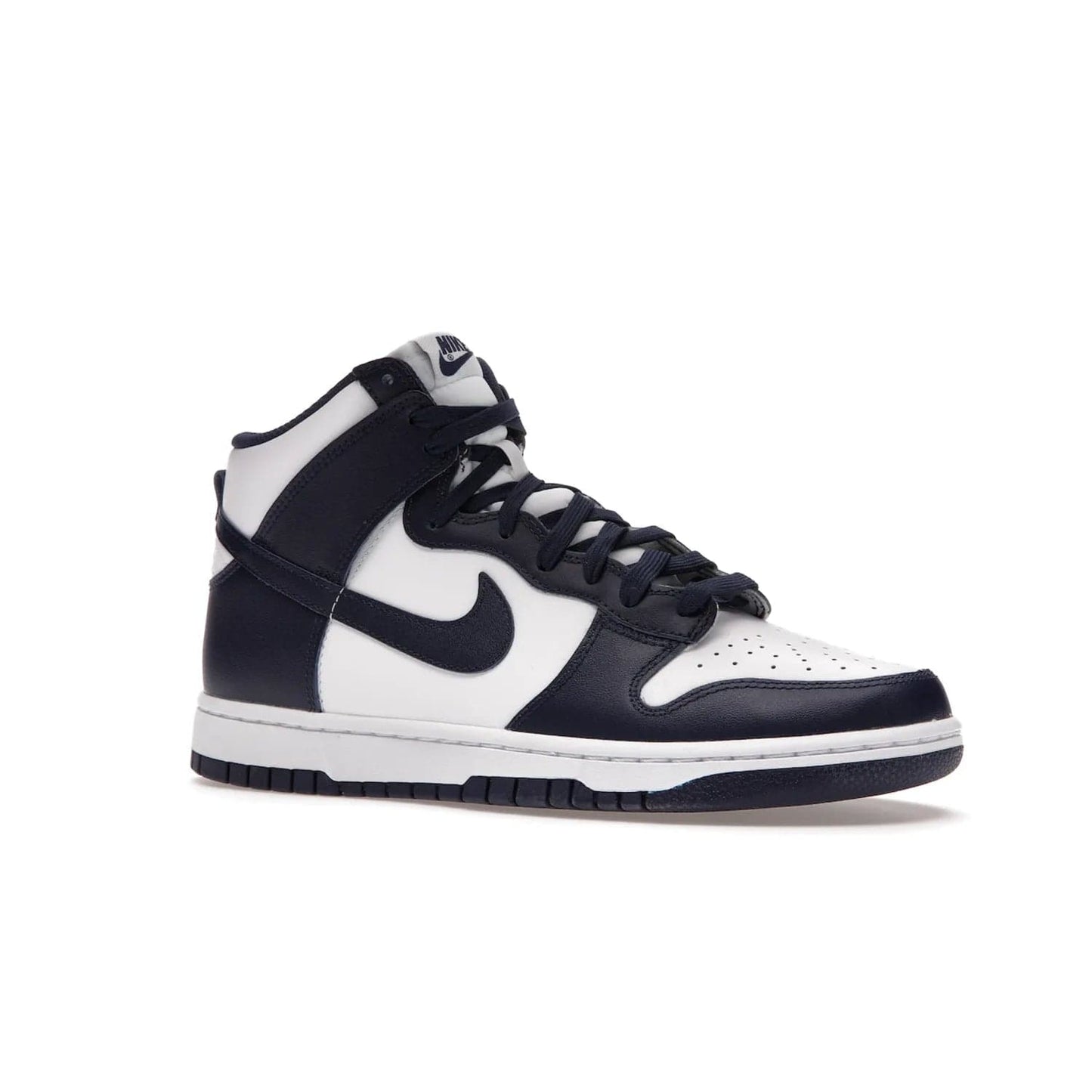 Nike Dunk High Championship Navy - Image 4 - Only at www.BallersClubKickz.com - Classic athletic style meets striking color-blocking on the Nike Dunk High Championship Navy. A white leather upper with Championship Navy overlays creates a retro look with a woven tongue label and sole. Unleash your inner champion with the Nike Dunk High Championship Navy.