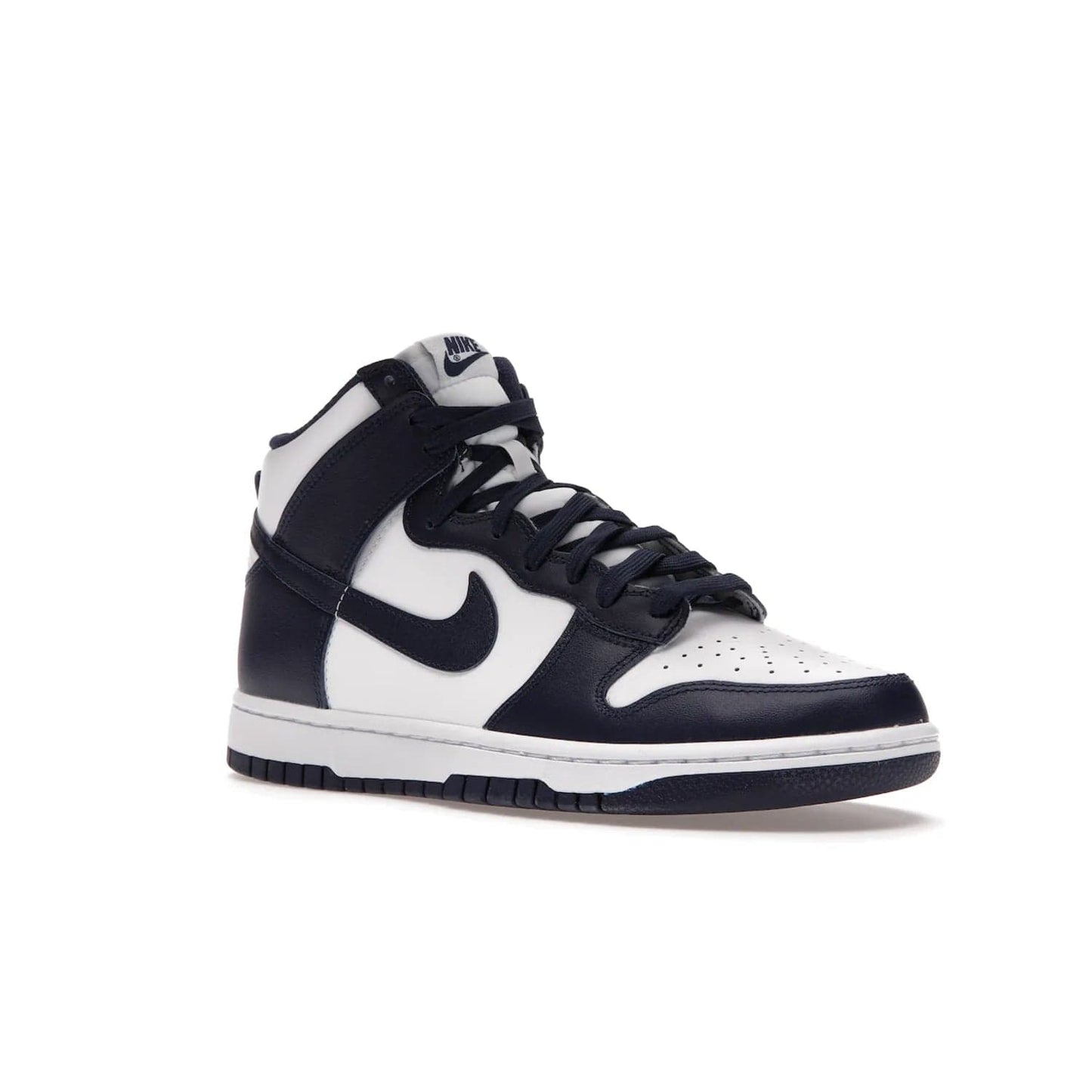 Nike Dunk High Championship Navy - Image 5 - Only at www.BallersClubKickz.com - Classic athletic style meets striking color-blocking on the Nike Dunk High Championship Navy. A white leather upper with Championship Navy overlays creates a retro look with a woven tongue label and sole. Unleash your inner champion with the Nike Dunk High Championship Navy.