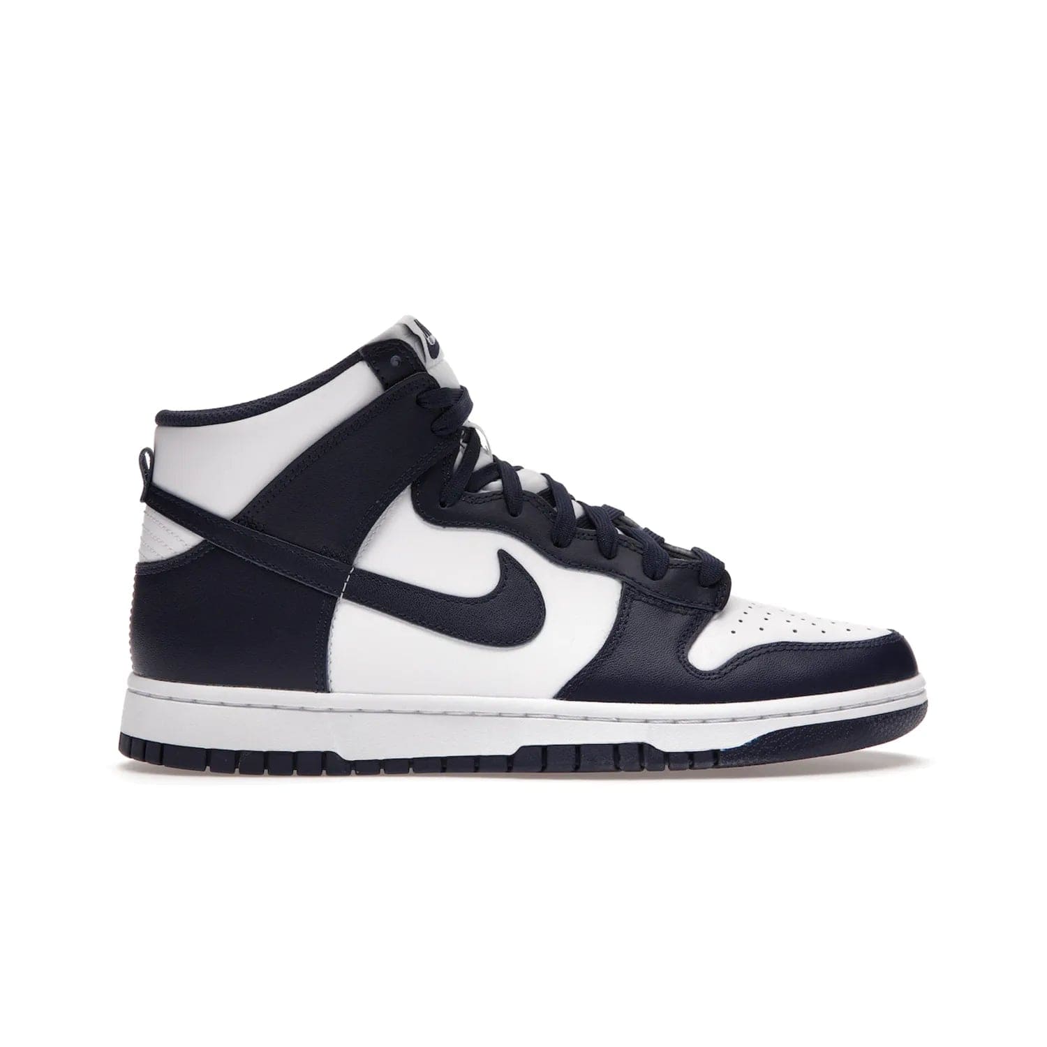 Nike Dunk High Championship Navy - Image 1 - Only at www.BallersClubKickz.com - Classic athletic style meets striking color-blocking on the Nike Dunk High Championship Navy. A white leather upper with Championship Navy overlays creates a retro look with a woven tongue label and sole. Unleash your inner champion with the Nike Dunk High Championship Navy.