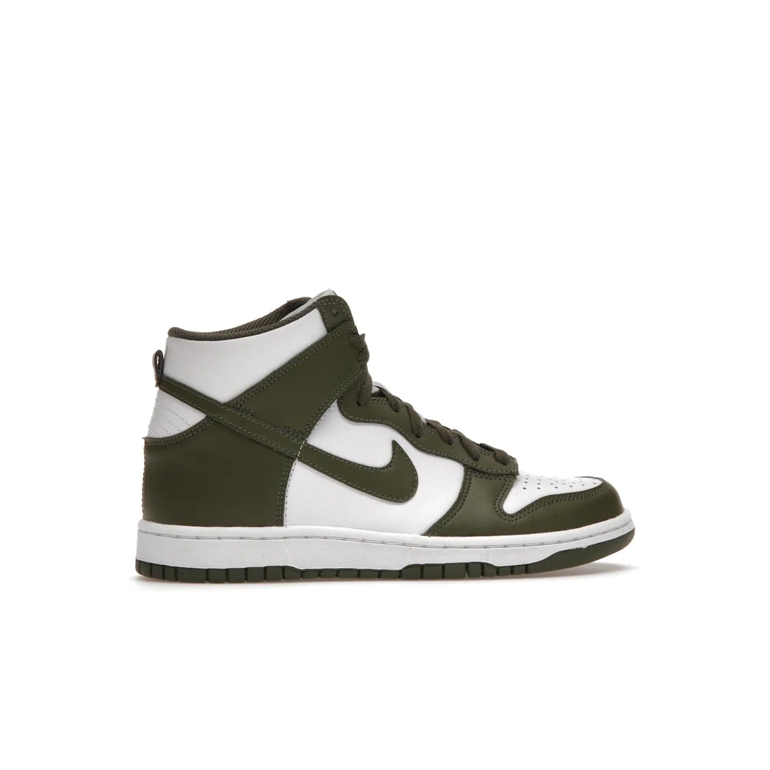 Nike Dunk High Retro Cargo Khaki (GS) - Image 36 - Only at www.BallersClubKickz.com - Style and comfort for grade schoolers. The Nike Dunk High Retro Cargo Khaki (GS) features a white and cargo khaki leather upper with a khaki Nike swoosh. Overlapping layers of white and khaki design on heel. Originally released in June 2022. Provides excellent support and makes a classic statement.