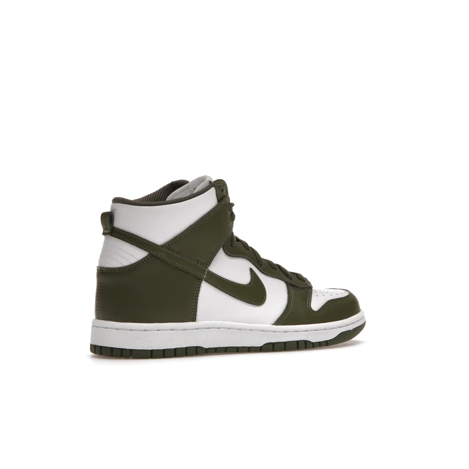 Nike Dunk High Retro Cargo Khaki (GS) - Image 34 - Only at www.BallersClubKickz.com - Style and comfort for grade schoolers. The Nike Dunk High Retro Cargo Khaki (GS) features a white and cargo khaki leather upper with a khaki Nike swoosh. Overlapping layers of white and khaki design on heel. Originally released in June 2022. Provides excellent support and makes a classic statement.