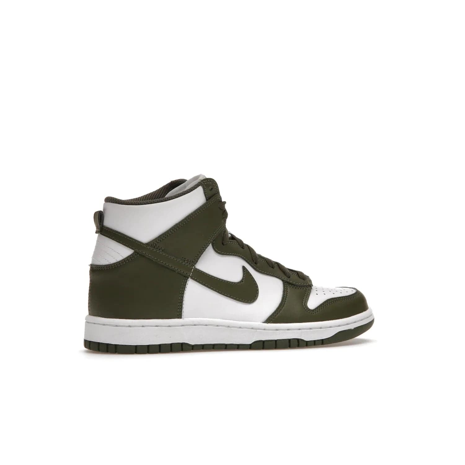 Nike Dunk High Retro Cargo Khaki (GS) - Image 35 - Only at www.BallersClubKickz.com - Style and comfort for grade schoolers. The Nike Dunk High Retro Cargo Khaki (GS) features a white and cargo khaki leather upper with a khaki Nike swoosh. Overlapping layers of white and khaki design on heel. Originally released in June 2022. Provides excellent support and makes a classic statement.
