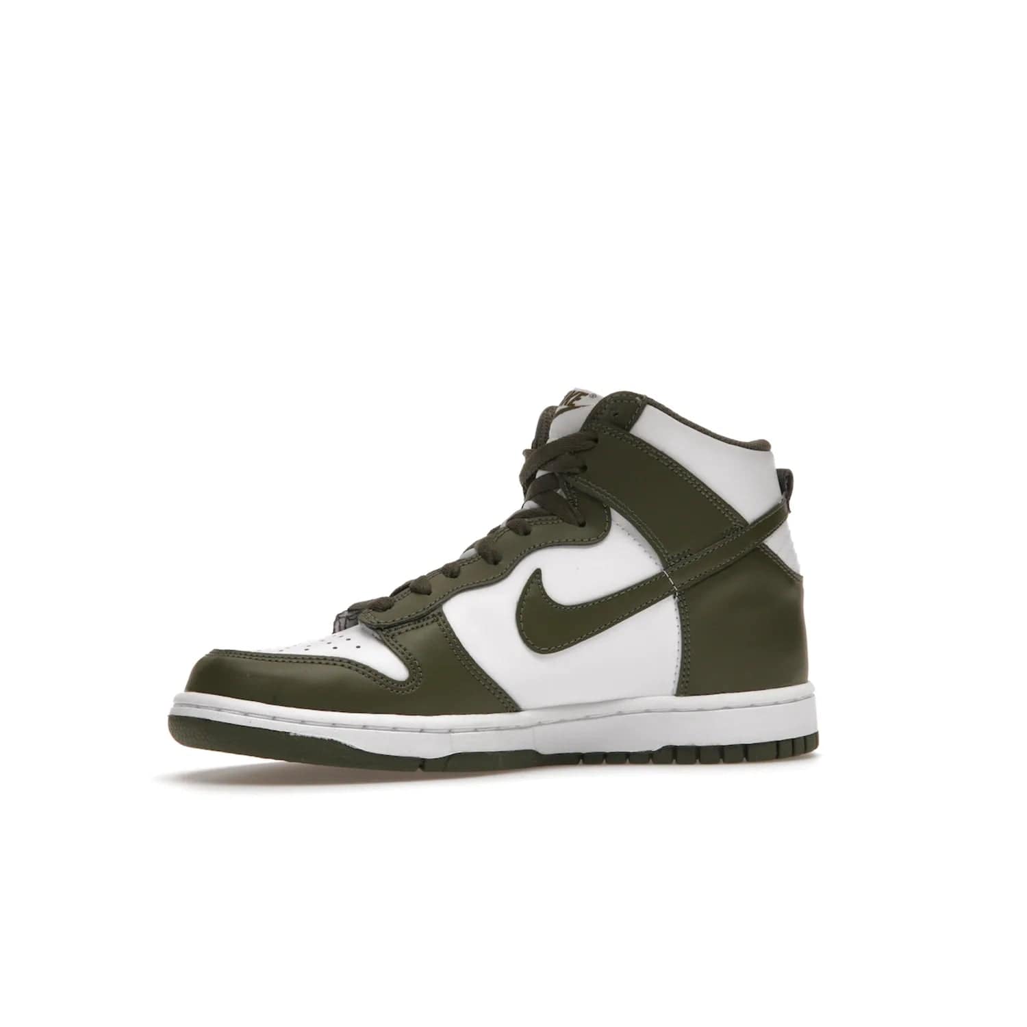 Nike Dunk High Retro Cargo Khaki (GS) - Image 17 - Only at www.BallersClubKickz.com - Style and comfort for grade schoolers. The Nike Dunk High Retro Cargo Khaki (GS) features a white and cargo khaki leather upper with a khaki Nike swoosh. Overlapping layers of white and khaki design on heel. Originally released in June 2022. Provides excellent support and makes a classic statement.