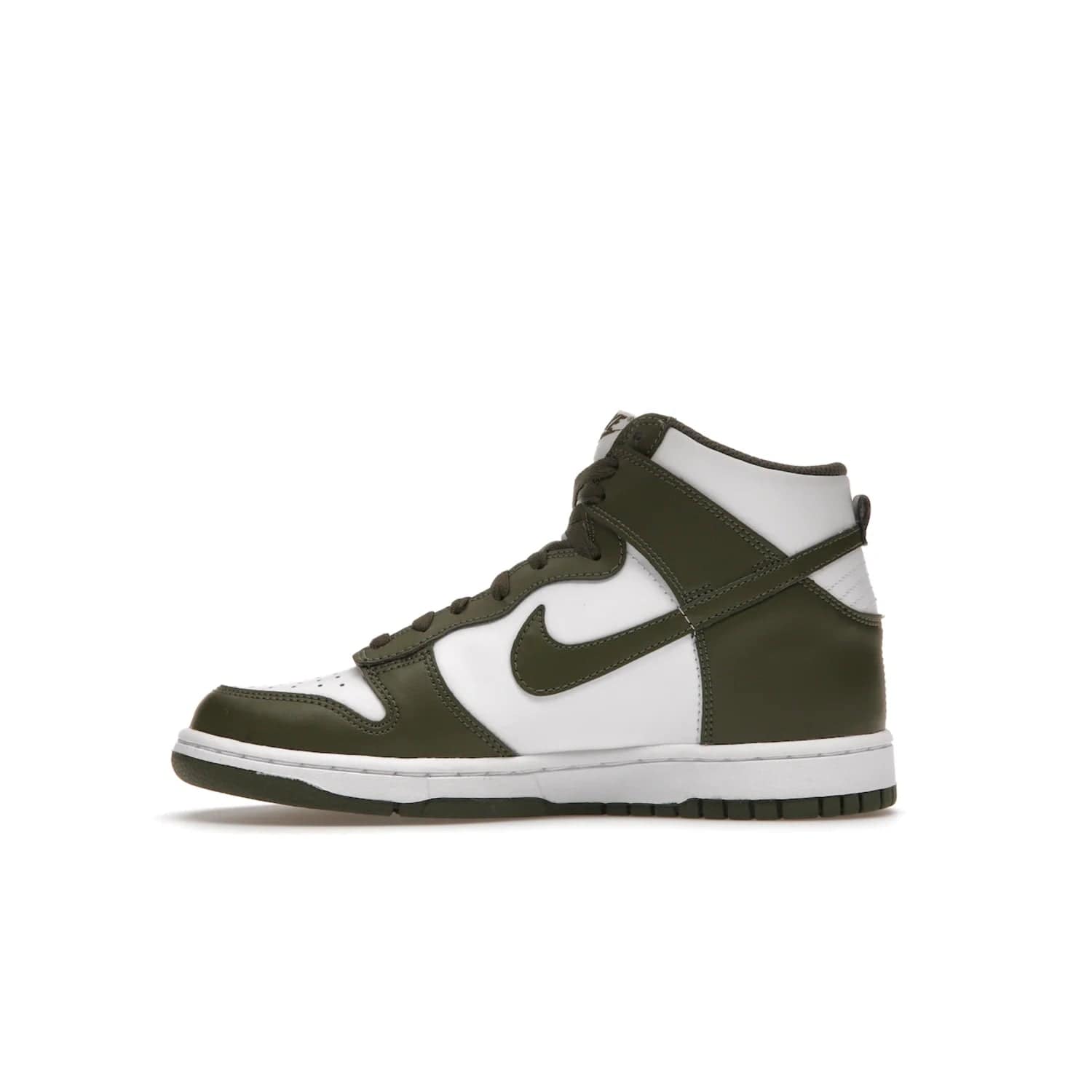 Nike Dunk High Retro Cargo Khaki (GS) - Image 19 - Only at www.BallersClubKickz.com - Style and comfort for grade schoolers. The Nike Dunk High Retro Cargo Khaki (GS) features a white and cargo khaki leather upper with a khaki Nike swoosh. Overlapping layers of white and khaki design on heel. Originally released in June 2022. Provides excellent support and makes a classic statement.