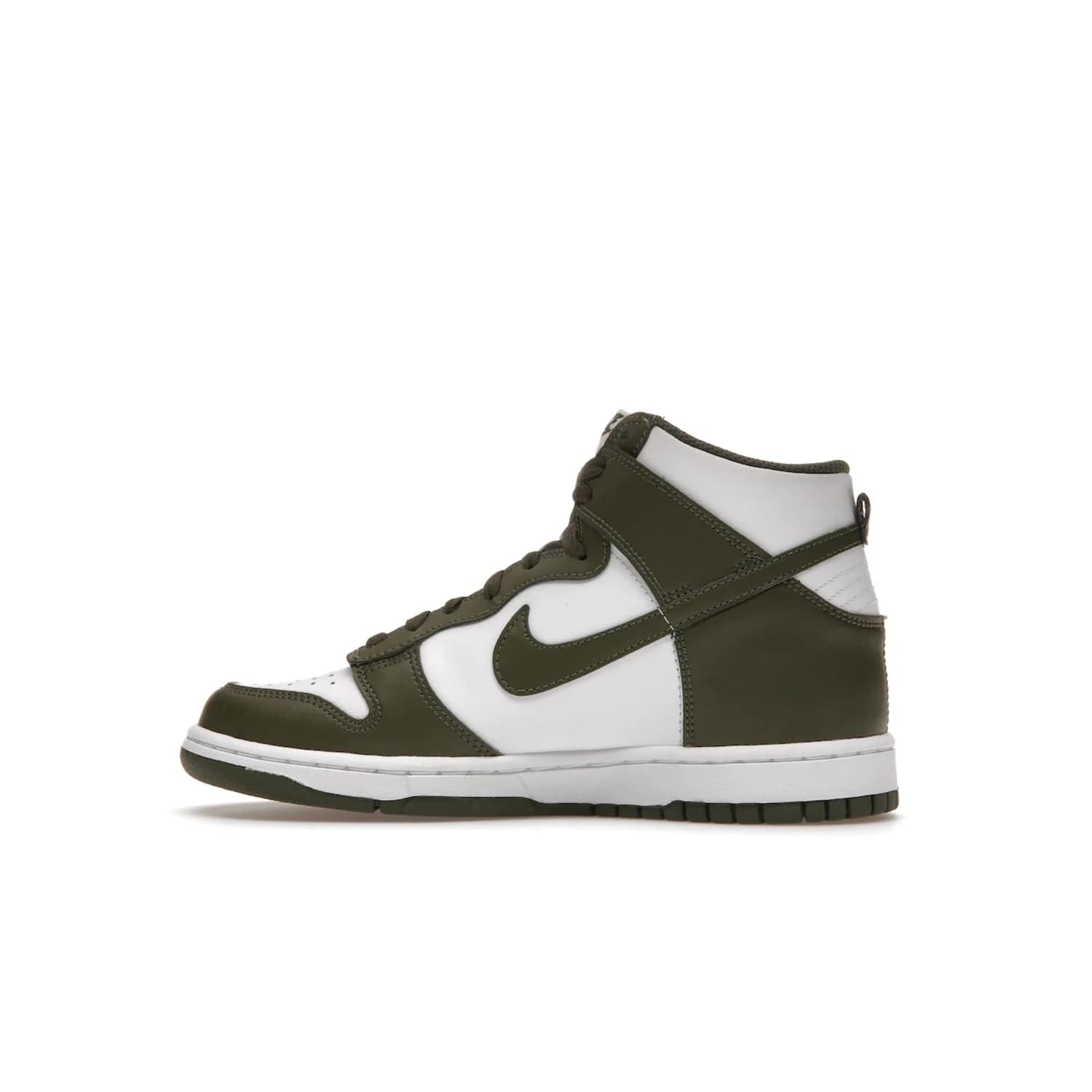 Nike Dunk High Retro Cargo Khaki (GS) - Image 20 - Only at www.BallersClubKickz.com - Style and comfort for grade schoolers. The Nike Dunk High Retro Cargo Khaki (GS) features a white and cargo khaki leather upper with a khaki Nike swoosh. Overlapping layers of white and khaki design on heel. Originally released in June 2022. Provides excellent support and makes a classic statement.