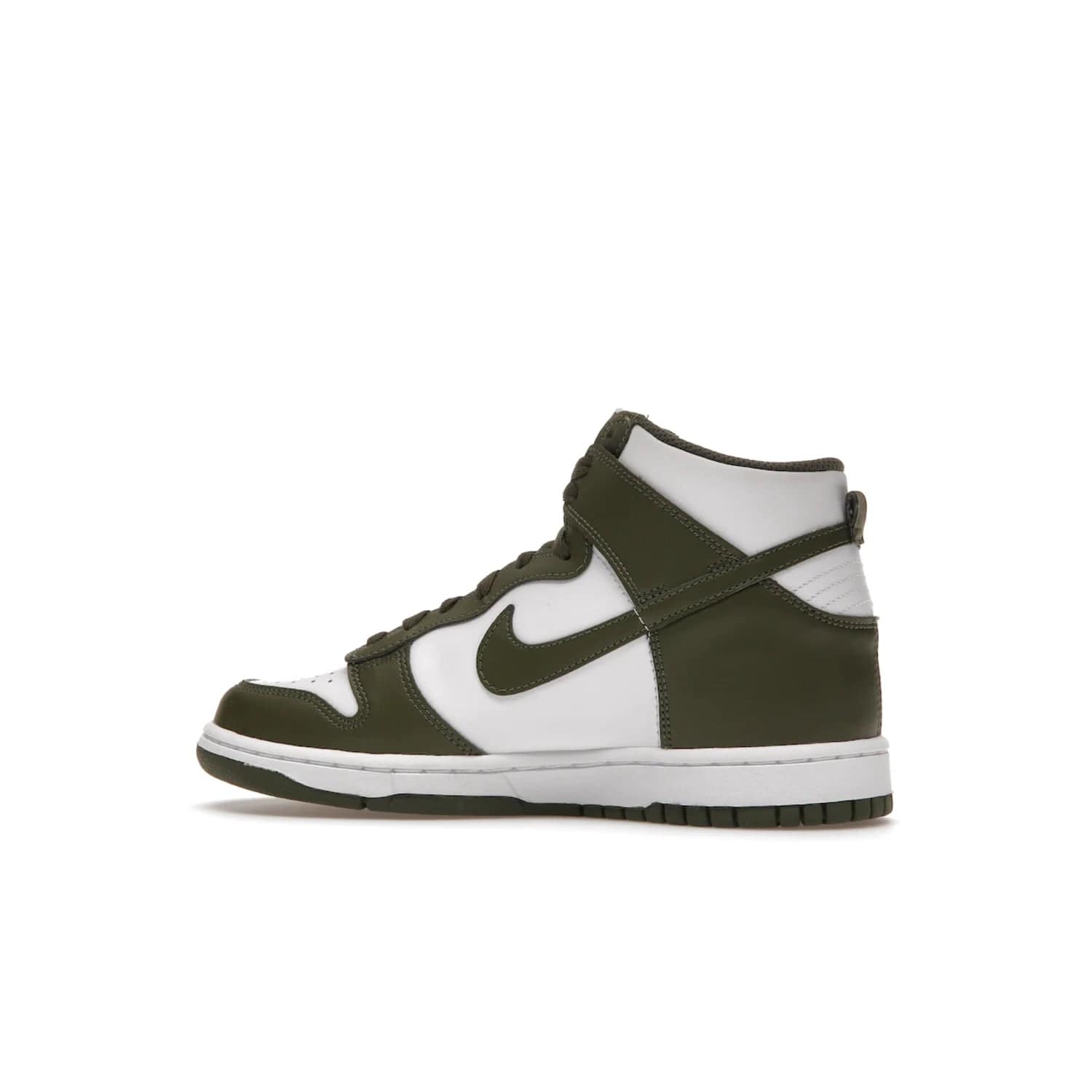 Nike Dunk High Retro Cargo Khaki (GS) - Image 21 - Only at www.BallersClubKickz.com - Style and comfort for grade schoolers. The Nike Dunk High Retro Cargo Khaki (GS) features a white and cargo khaki leather upper with a khaki Nike swoosh. Overlapping layers of white and khaki design on heel. Originally released in June 2022. Provides excellent support and makes a classic statement.