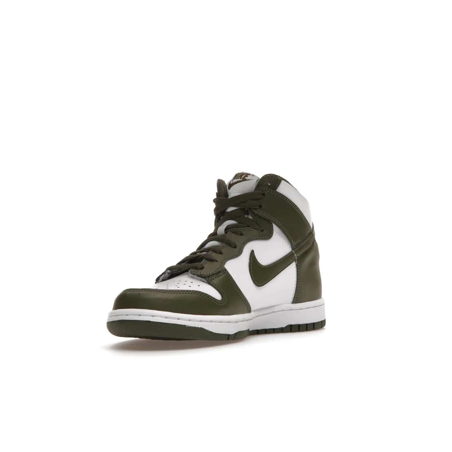 Nike Dunk High Retro Cargo Khaki (GS) - Image 14 - Only at www.BallersClubKickz.com - Style and comfort for grade schoolers. The Nike Dunk High Retro Cargo Khaki (GS) features a white and cargo khaki leather upper with a khaki Nike swoosh. Overlapping layers of white and khaki design on heel. Originally released in June 2022. Provides excellent support and makes a classic statement.