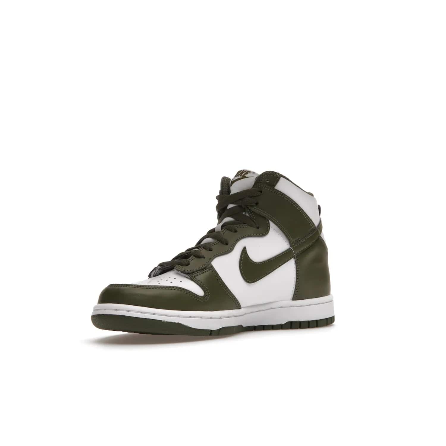 Nike Dunk High Retro Cargo Khaki (GS) - Image 15 - Only at www.BallersClubKickz.com - Style and comfort for grade schoolers. The Nike Dunk High Retro Cargo Khaki (GS) features a white and cargo khaki leather upper with a khaki Nike swoosh. Overlapping layers of white and khaki design on heel. Originally released in June 2022. Provides excellent support and makes a classic statement.