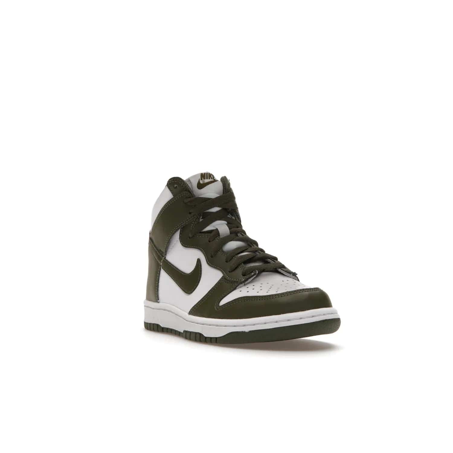 Nike Dunk High Retro Cargo Khaki (GS) - Image 7 - Only at www.BallersClubKickz.com - Style and comfort for grade schoolers. The Nike Dunk High Retro Cargo Khaki (GS) features a white and cargo khaki leather upper with a khaki Nike swoosh. Overlapping layers of white and khaki design on heel. Originally released in June 2022. Provides excellent support and makes a classic statement.