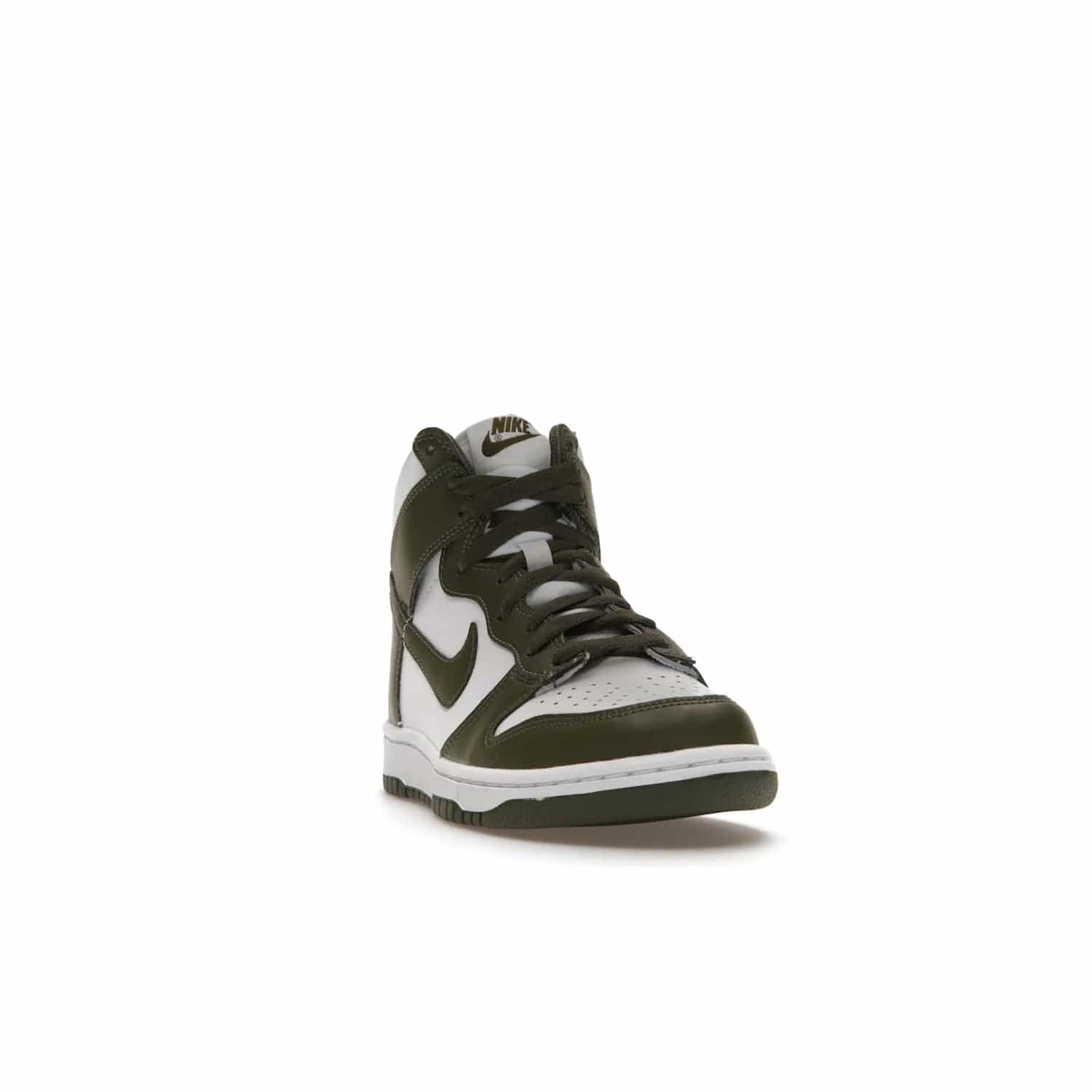 Nike Dunk High Retro Cargo Khaki (GS) - Image 8 - Only at www.BallersClubKickz.com - Style and comfort for grade schoolers. The Nike Dunk High Retro Cargo Khaki (GS) features a white and cargo khaki leather upper with a khaki Nike swoosh. Overlapping layers of white and khaki design on heel. Originally released in June 2022. Provides excellent support and makes a classic statement.