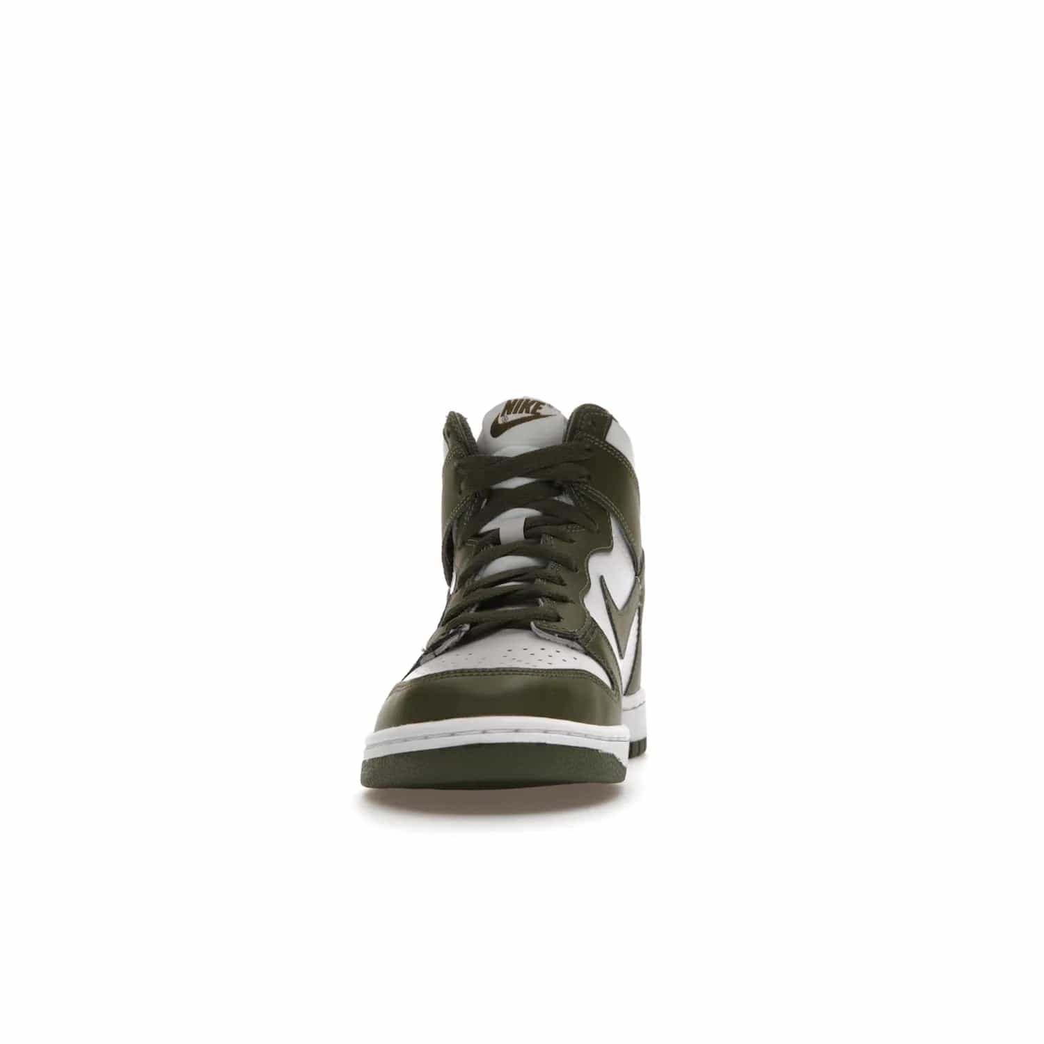 Nike Dunk High Retro Cargo Khaki (GS) - Image 11 - Only at www.BallersClubKickz.com - Style and comfort for grade schoolers. The Nike Dunk High Retro Cargo Khaki (GS) features a white and cargo khaki leather upper with a khaki Nike swoosh. Overlapping layers of white and khaki design on heel. Originally released in June 2022. Provides excellent support and makes a classic statement.
