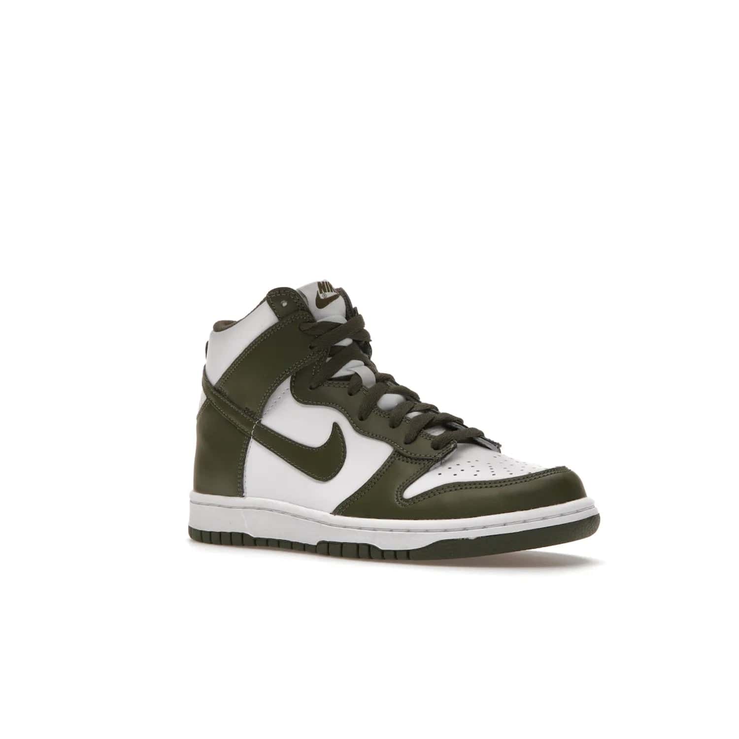 Nike Dunk High Retro Cargo Khaki (GS) - Image 5 - Only at www.BallersClubKickz.com - Style and comfort for grade schoolers. The Nike Dunk High Retro Cargo Khaki (GS) features a white and cargo khaki leather upper with a khaki Nike swoosh. Overlapping layers of white and khaki design on heel. Originally released in June 2022. Provides excellent support and makes a classic statement.