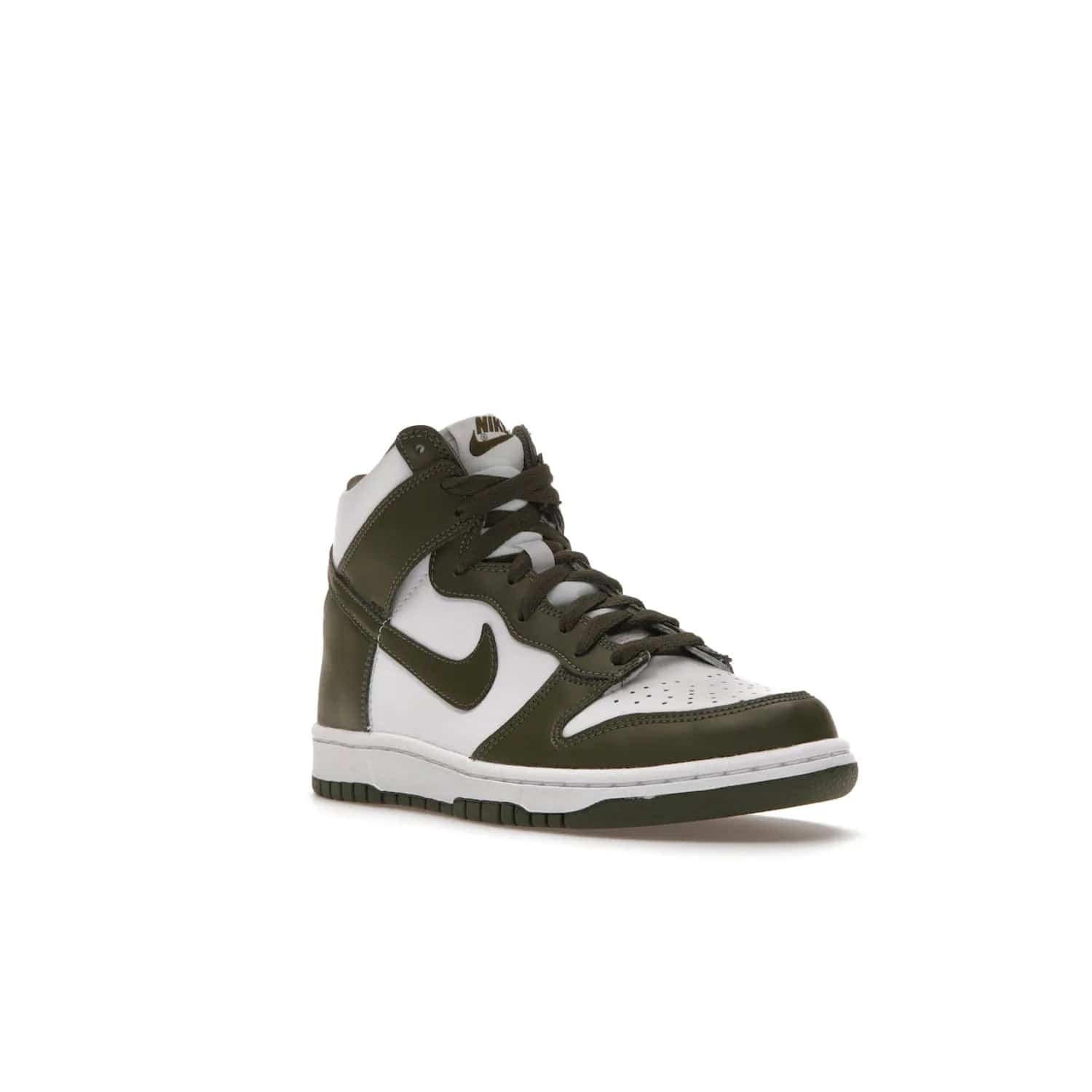 Nike Dunk High Retro Cargo Khaki (GS) - Image 6 - Only at www.BallersClubKickz.com - Style and comfort for grade schoolers. The Nike Dunk High Retro Cargo Khaki (GS) features a white and cargo khaki leather upper with a khaki Nike swoosh. Overlapping layers of white and khaki design on heel. Originally released in June 2022. Provides excellent support and makes a classic statement.