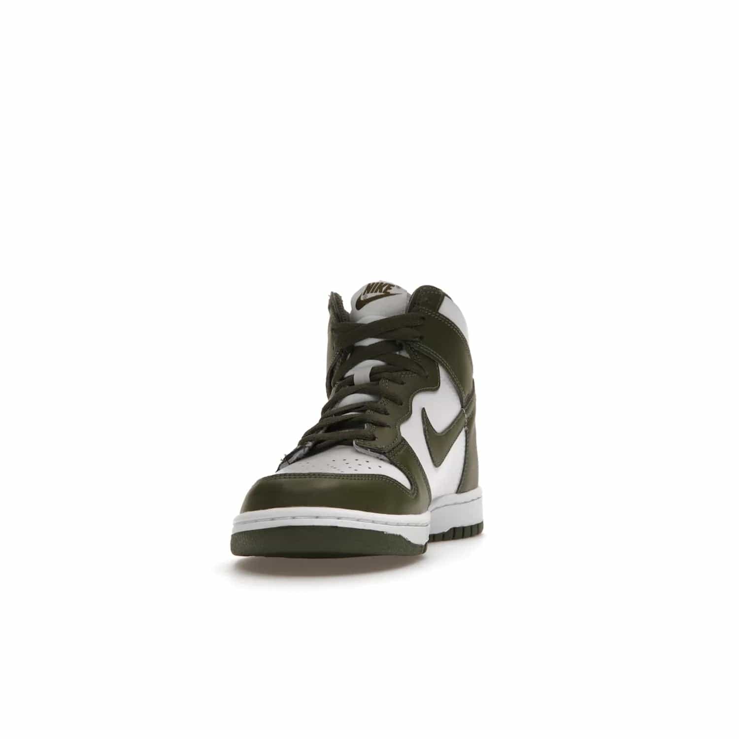 Nike Dunk High Retro Cargo Khaki (GS) - Image 12 - Only at www.BallersClubKickz.com - Style and comfort for grade schoolers. The Nike Dunk High Retro Cargo Khaki (GS) features a white and cargo khaki leather upper with a khaki Nike swoosh. Overlapping layers of white and khaki design on heel. Originally released in June 2022. Provides excellent support and makes a classic statement.