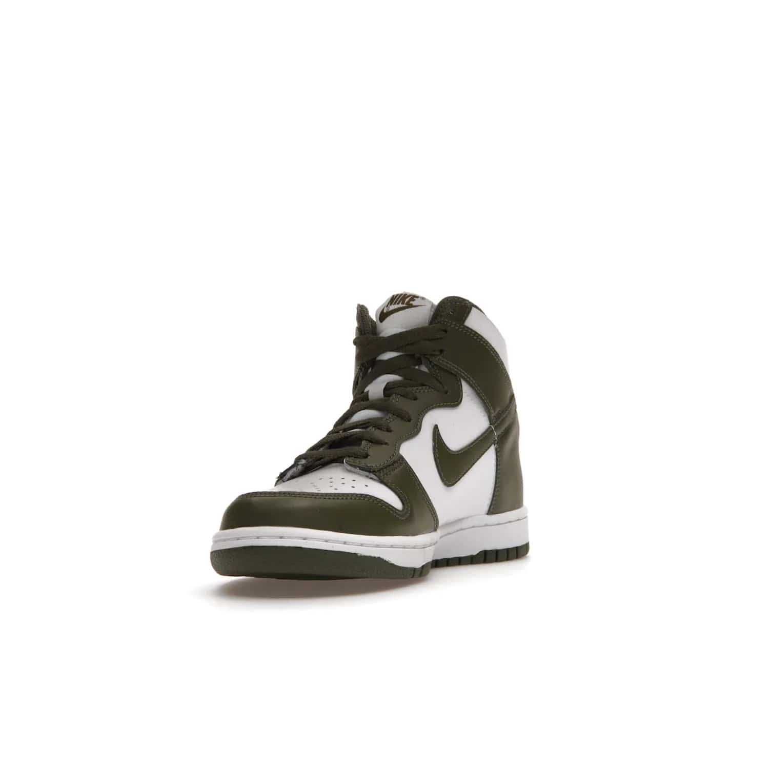 Nike Dunk High Retro Cargo Khaki (GS) - Image 13 - Only at www.BallersClubKickz.com - Style and comfort for grade schoolers. The Nike Dunk High Retro Cargo Khaki (GS) features a white and cargo khaki leather upper with a khaki Nike swoosh. Overlapping layers of white and khaki design on heel. Originally released in June 2022. Provides excellent support and makes a classic statement.