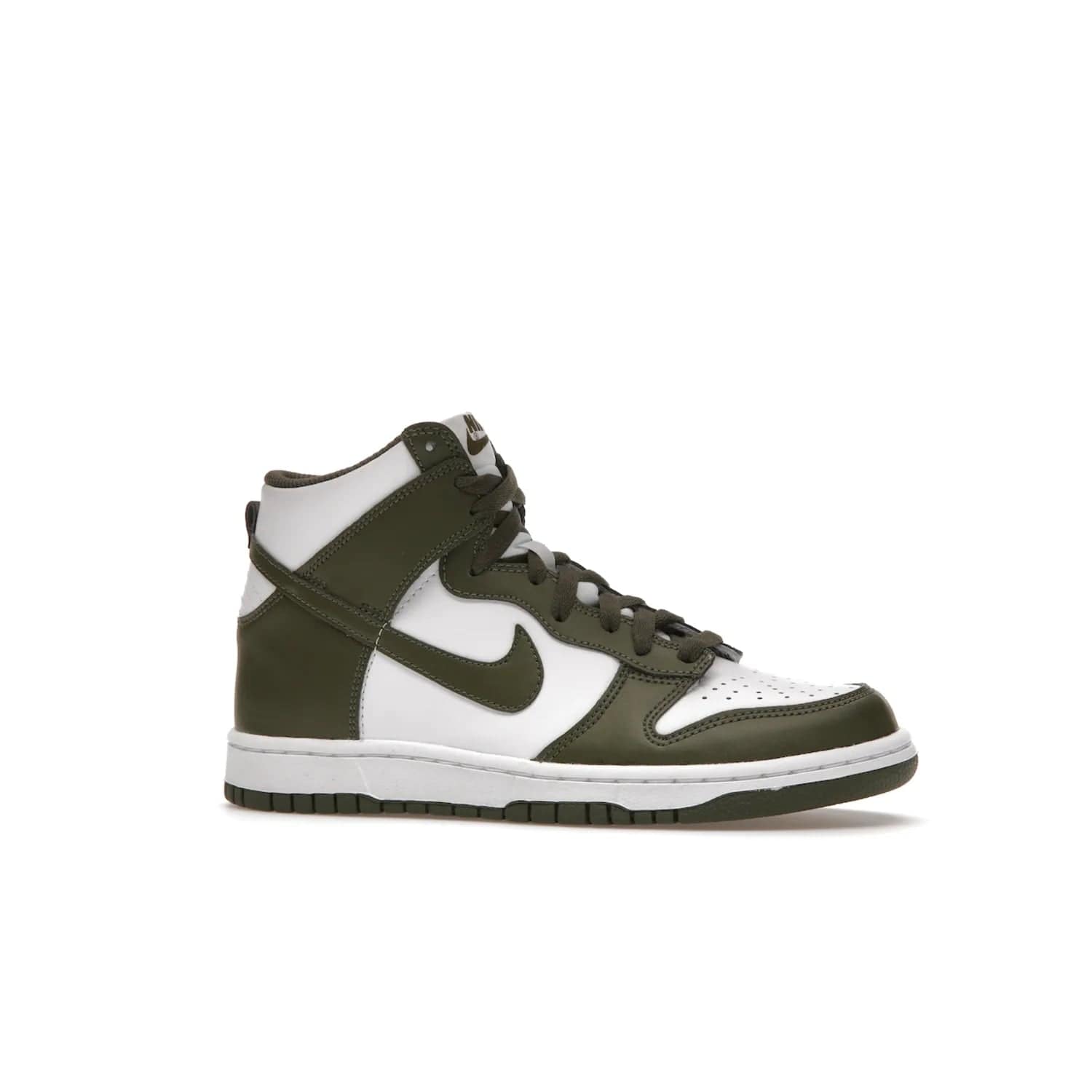 Nike Dunk High Retro Cargo Khaki (GS) - Image 3 - Only at www.BallersClubKickz.com - Style and comfort for grade schoolers. The Nike Dunk High Retro Cargo Khaki (GS) features a white and cargo khaki leather upper with a khaki Nike swoosh. Overlapping layers of white and khaki design on heel. Originally released in June 2022. Provides excellent support and makes a classic statement.