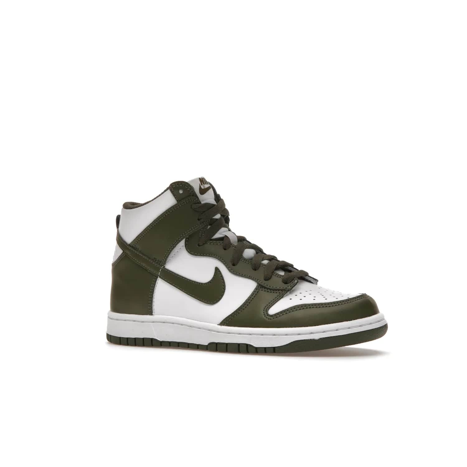 Nike Dunk High Retro Cargo Khaki (GS) - Image 4 - Only at www.BallersClubKickz.com - Style and comfort for grade schoolers. The Nike Dunk High Retro Cargo Khaki (GS) features a white and cargo khaki leather upper with a khaki Nike swoosh. Overlapping layers of white and khaki design on heel. Originally released in June 2022. Provides excellent support and makes a classic statement.