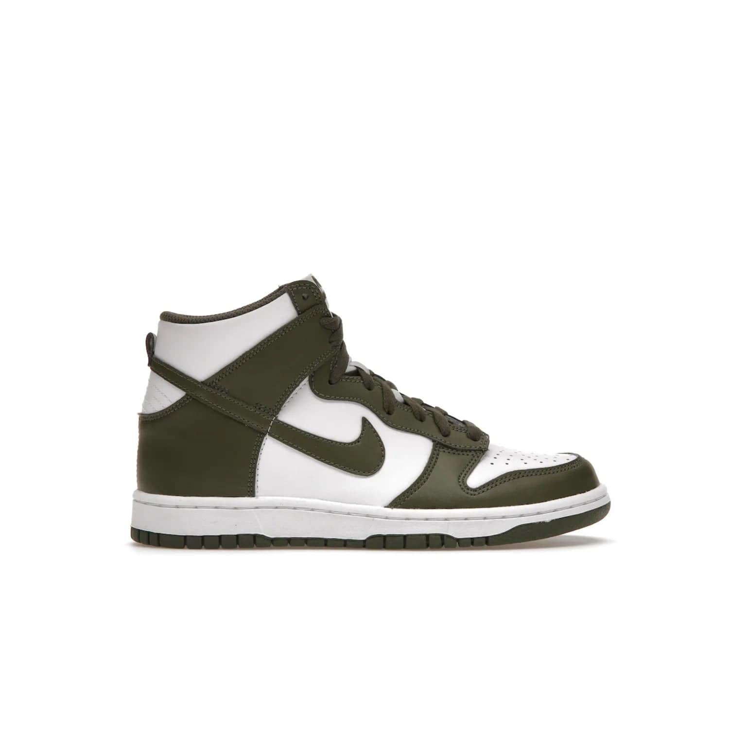 Nike Dunk High Retro Cargo Khaki (GS) - Image 1 - Only at www.BallersClubKickz.com - Style and comfort for grade schoolers. The Nike Dunk High Retro Cargo Khaki (GS) features a white and cargo khaki leather upper with a khaki Nike swoosh. Overlapping layers of white and khaki design on heel. Originally released in June 2022. Provides excellent support and makes a classic statement.