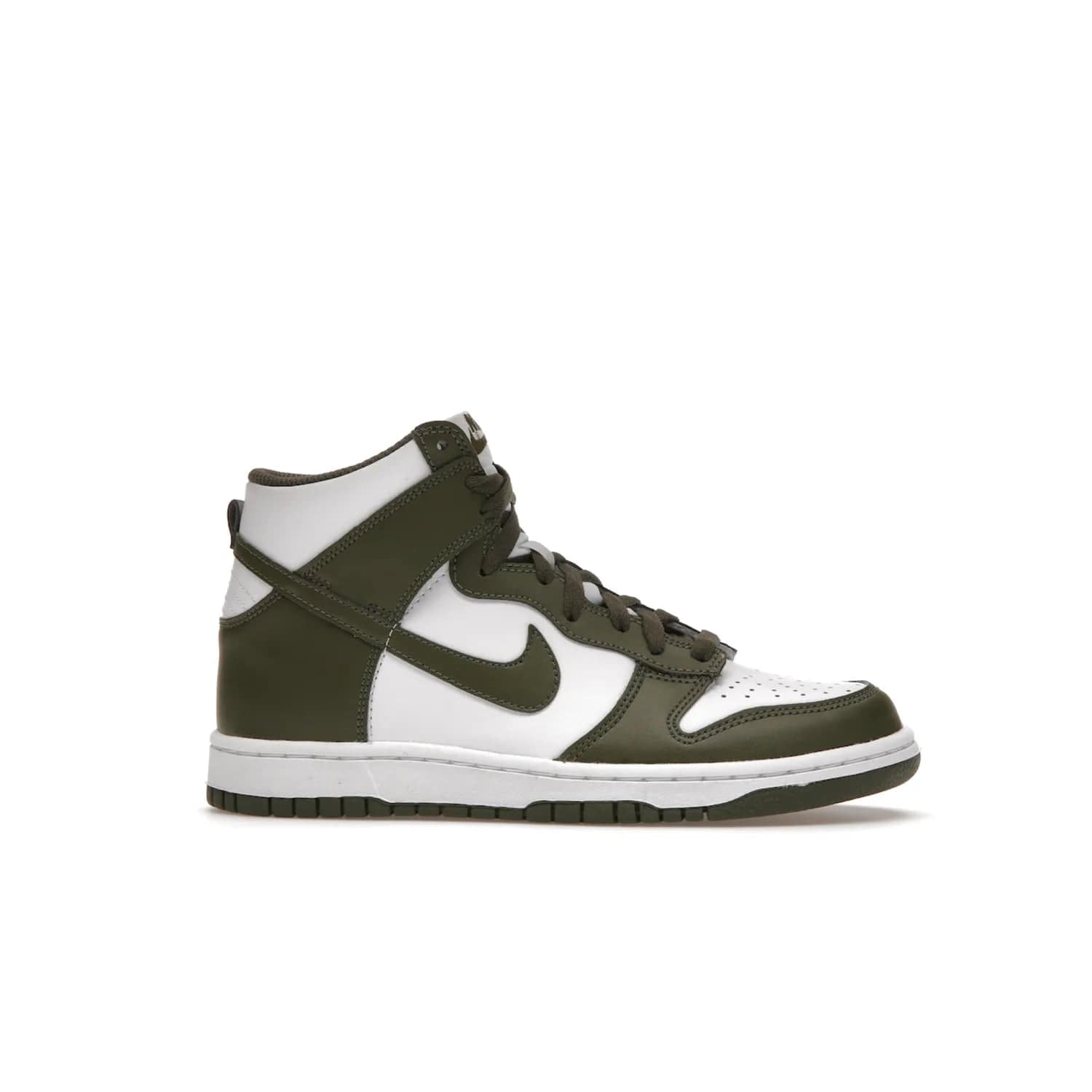 Nike Dunk High Retro Cargo Khaki (GS) - Image 2 - Only at www.BallersClubKickz.com - Style and comfort for grade schoolers. The Nike Dunk High Retro Cargo Khaki (GS) features a white and cargo khaki leather upper with a khaki Nike swoosh. Overlapping layers of white and khaki design on heel. Originally released in June 2022. Provides excellent support and makes a classic statement.