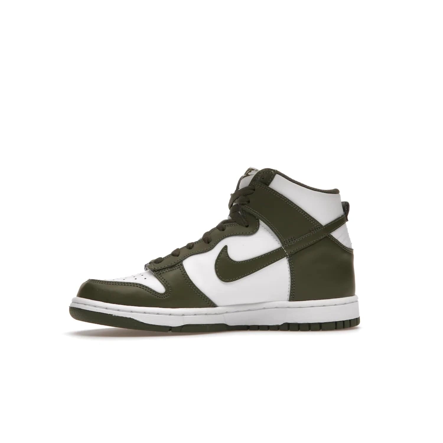 Nike Dunk High Retro Cargo Khaki (GS) - Image 18 - Only at www.BallersClubKickz.com - Style and comfort for grade schoolers. The Nike Dunk High Retro Cargo Khaki (GS) features a white and cargo khaki leather upper with a khaki Nike swoosh. Overlapping layers of white and khaki design on heel. Originally released in June 2022. Provides excellent support and makes a classic statement.