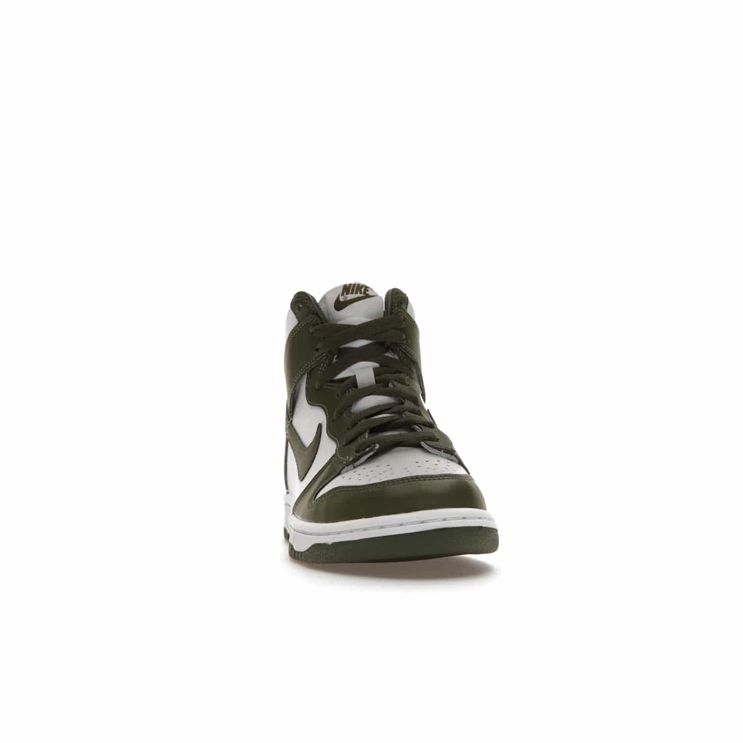 Nike Dunk High Retro Cargo Khaki (GS) - Image 9 - Only at www.BallersClubKickz.com - Style and comfort for grade schoolers. The Nike Dunk High Retro Cargo Khaki (GS) features a white and cargo khaki leather upper with a khaki Nike swoosh. Overlapping layers of white and khaki design on heel. Originally released in June 2022. Provides excellent support and makes a classic statement.
