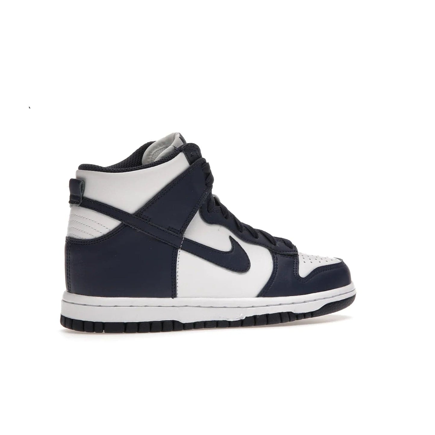 Nike Dunk High Championship Navy (GS) - Image 34 - Only at www.BallersClubKickz.com - Nike Dunk High Championship Navy GS: classic leather, suede, synthetic upper, chunky midsole, rubber herringbone sole. White base overlaid with Midnight Navy for a stylish finish. Padded high-cut collar and signature Nike swoosh design. Step out in these shoes and make a statement. Comfort and style at its finest.