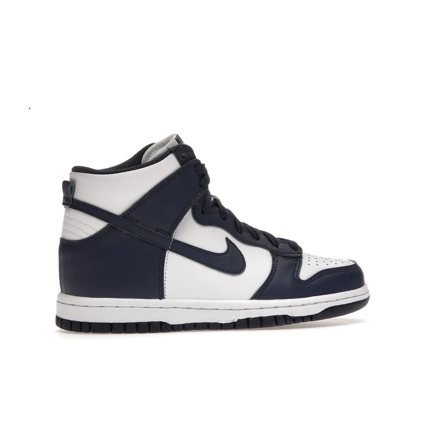 Nike Dunk High Championship Navy (GS) - Image 35 - Only at www.BallersClubKickz.com - Nike Dunk High Championship Navy GS: classic leather, suede, synthetic upper, chunky midsole, rubber herringbone sole. White base overlaid with Midnight Navy for a stylish finish. Padded high-cut collar and signature Nike swoosh design. Step out in these shoes and make a statement. Comfort and style at its finest.