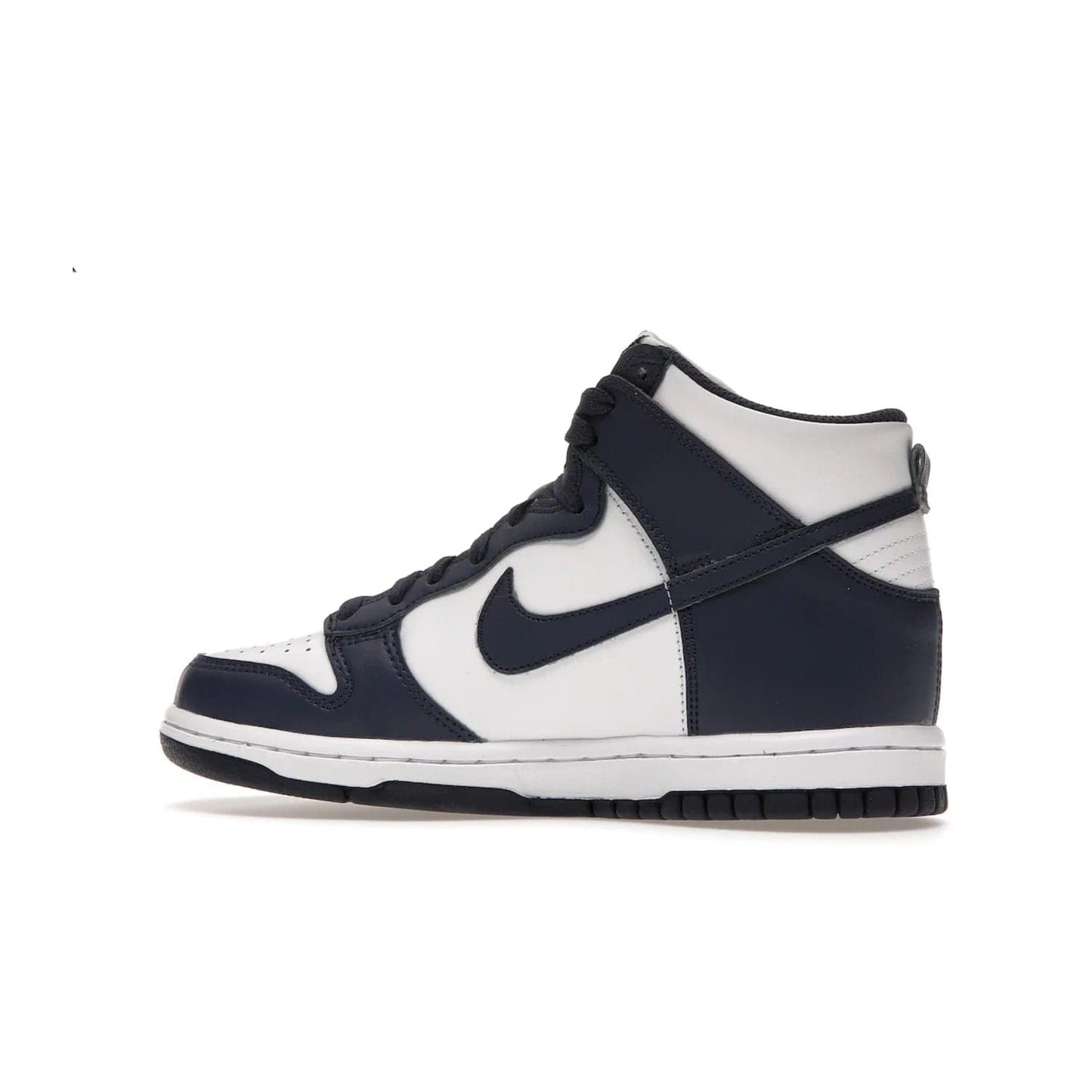 Nike Dunk High Championship Navy (GS) - Image 21 - Only at www.BallersClubKickz.com - Nike Dunk High Championship Navy GS: classic leather, suede, synthetic upper, chunky midsole, rubber herringbone sole. White base overlaid with Midnight Navy for a stylish finish. Padded high-cut collar and signature Nike swoosh design. Step out in these shoes and make a statement. Comfort and style at its finest.