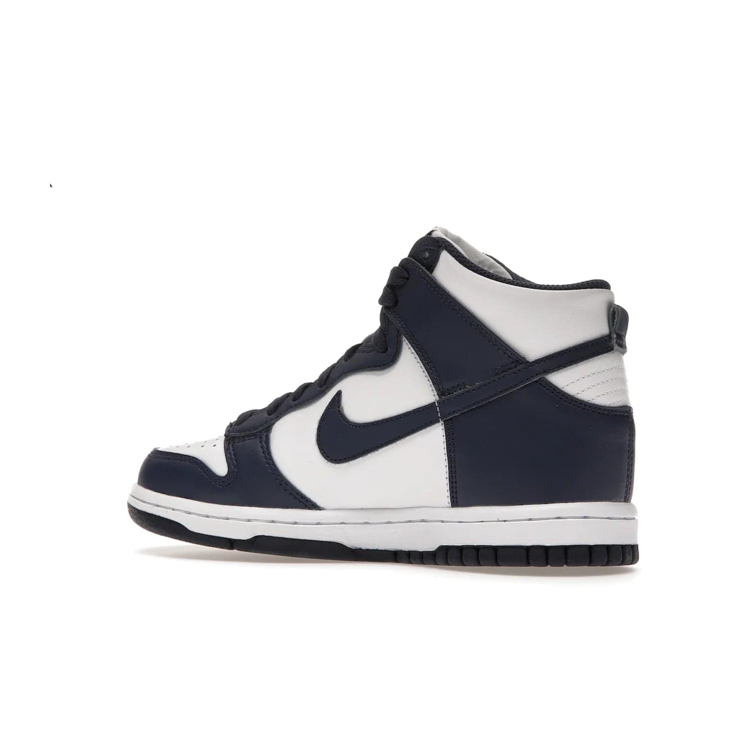 Nike Dunk High Championship Navy (GS) - Image 22 - Only at www.BallersClubKickz.com - Nike Dunk High Championship Navy GS: classic leather, suede, synthetic upper, chunky midsole, rubber herringbone sole. White base overlaid with Midnight Navy for a stylish finish. Padded high-cut collar and signature Nike swoosh design. Step out in these shoes and make a statement. Comfort and style at its finest.