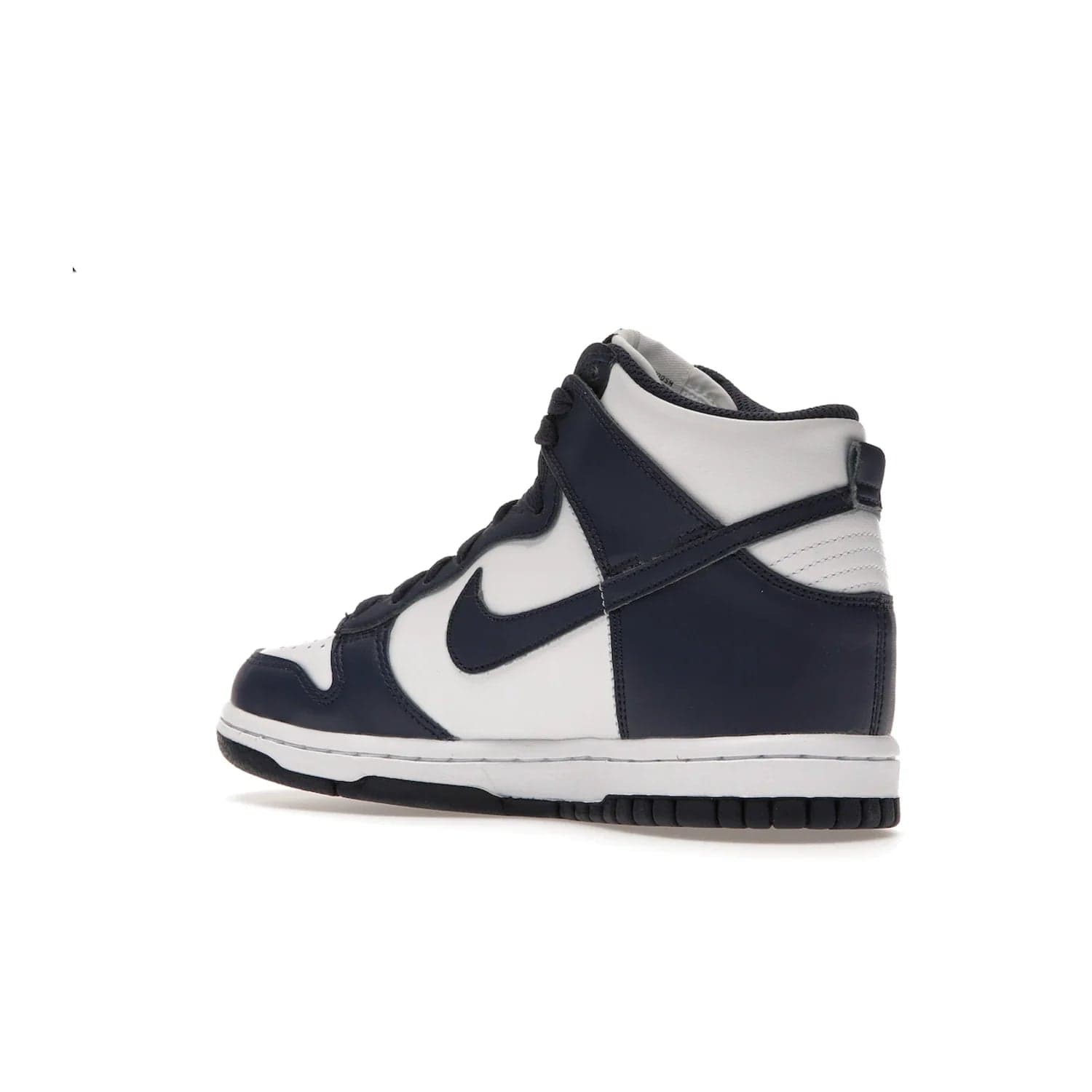 Nike Dunk High Championship Navy (GS) - Image 23 - Only at www.BallersClubKickz.com - Nike Dunk High Championship Navy GS: classic leather, suede, synthetic upper, chunky midsole, rubber herringbone sole. White base overlaid with Midnight Navy for a stylish finish. Padded high-cut collar and signature Nike swoosh design. Step out in these shoes and make a statement. Comfort and style at its finest.