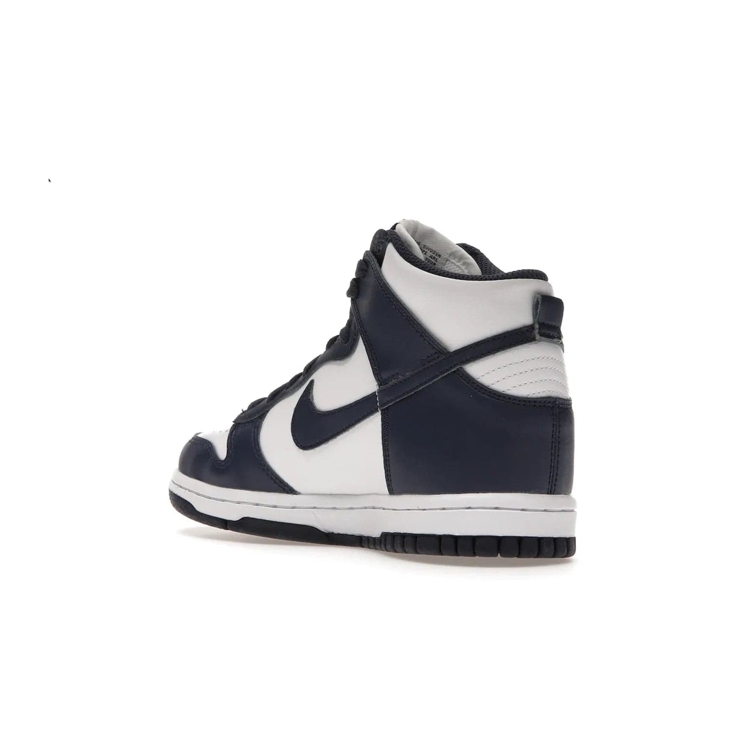 Nike Dunk High Championship Navy (GS) - Image 24 - Only at www.BallersClubKickz.com - Nike Dunk High Championship Navy GS: classic leather, suede, synthetic upper, chunky midsole, rubber herringbone sole. White base overlaid with Midnight Navy for a stylish finish. Padded high-cut collar and signature Nike swoosh design. Step out in these shoes and make a statement. Comfort and style at its finest.