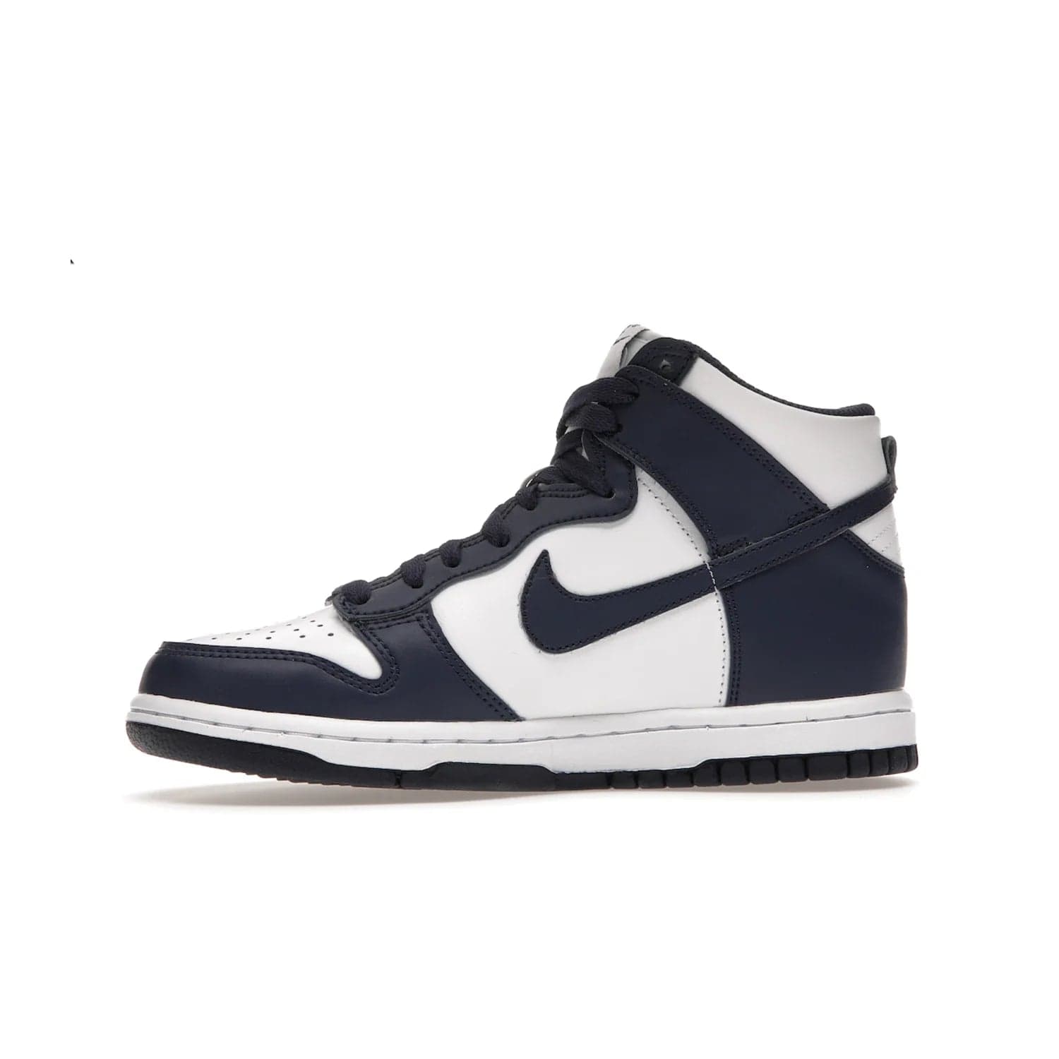 Nike Dunk High Championship Navy (GS) - Image 18 - Only at www.BallersClubKickz.com - Nike Dunk High Championship Navy GS: classic leather, suede, synthetic upper, chunky midsole, rubber herringbone sole. White base overlaid with Midnight Navy for a stylish finish. Padded high-cut collar and signature Nike swoosh design. Step out in these shoes and make a statement. Comfort and style at its finest.