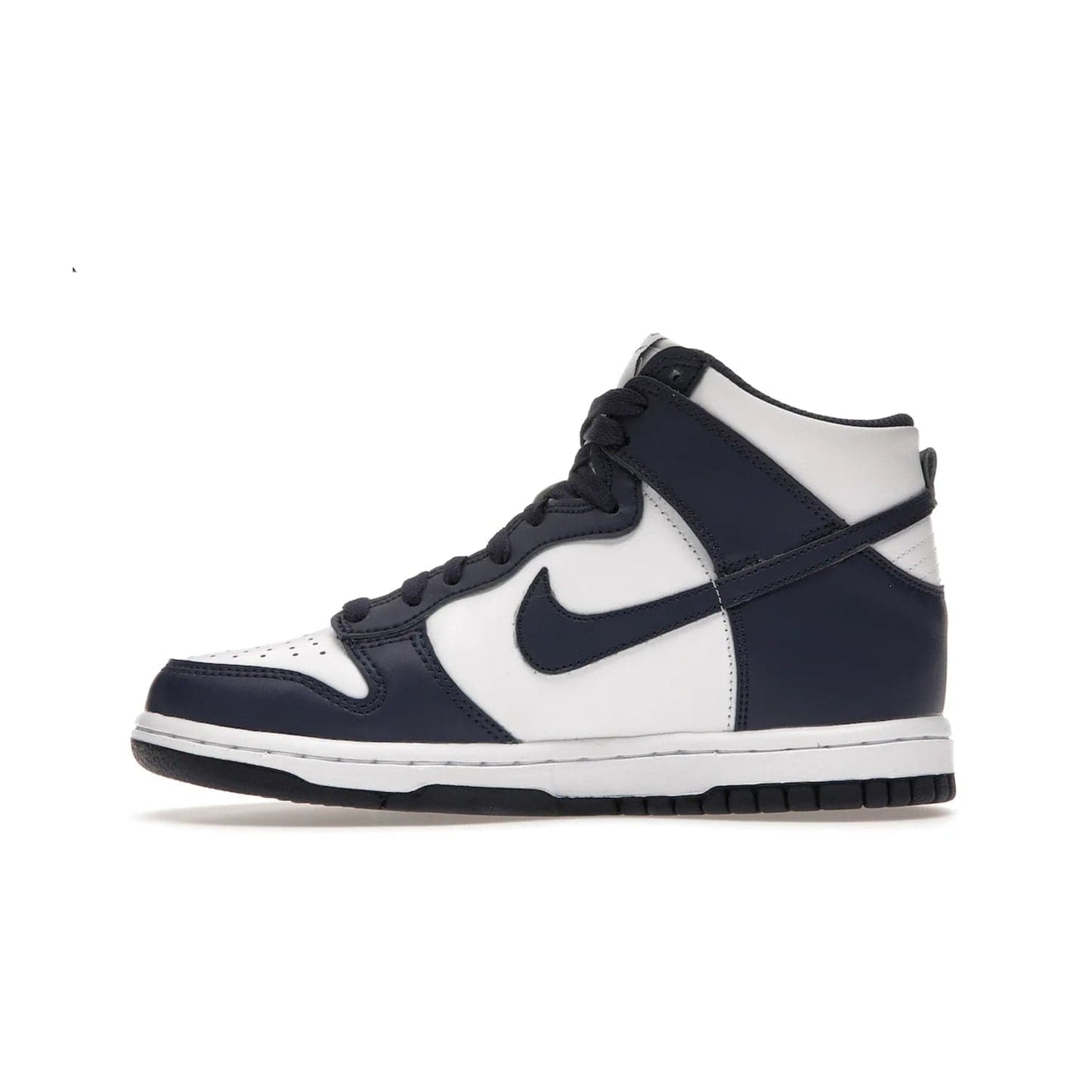 Nike Dunk High Championship Navy (GS) - Image 19 - Only at www.BallersClubKickz.com - Nike Dunk High Championship Navy GS: classic leather, suede, synthetic upper, chunky midsole, rubber herringbone sole. White base overlaid with Midnight Navy for a stylish finish. Padded high-cut collar and signature Nike swoosh design. Step out in these shoes and make a statement. Comfort and style at its finest.