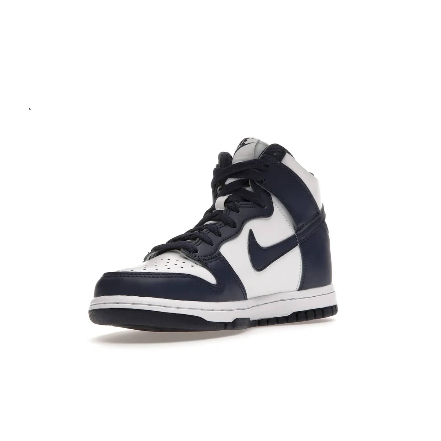 Nike Dunk High Championship Navy (GS) - Image 14 - Only at www.BallersClubKickz.com - Nike Dunk High Championship Navy GS: classic leather, suede, synthetic upper, chunky midsole, rubber herringbone sole. White base overlaid with Midnight Navy for a stylish finish. Padded high-cut collar and signature Nike swoosh design. Step out in these shoes and make a statement. Comfort and style at its finest.