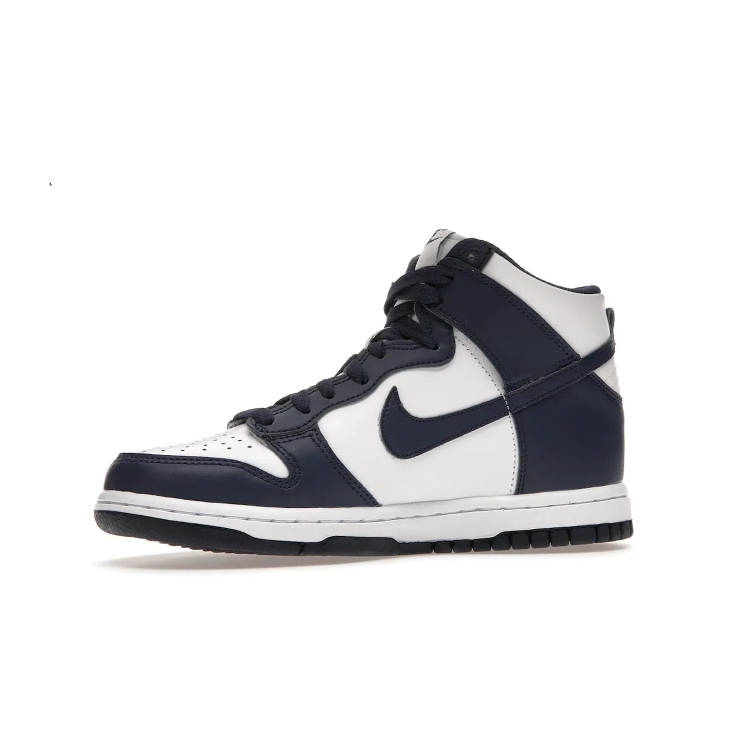 Nike Dunk High Championship Navy (GS) - Image 17 - Only at www.BallersClubKickz.com - Nike Dunk High Championship Navy GS: classic leather, suede, synthetic upper, chunky midsole, rubber herringbone sole. White base overlaid with Midnight Navy for a stylish finish. Padded high-cut collar and signature Nike swoosh design. Step out in these shoes and make a statement. Comfort and style at its finest.