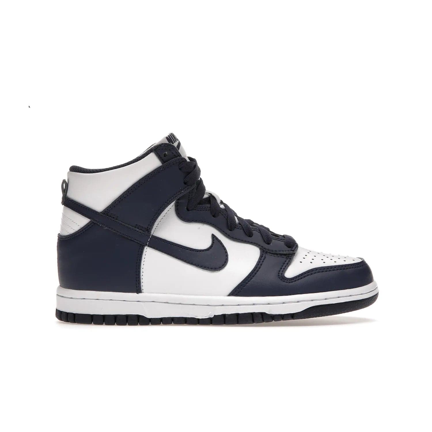 Nike Dunk High Championship Navy (GS) - Image 1 - Only at www.BallersClubKickz.com - Nike Dunk High Championship Navy GS: classic leather, suede, synthetic upper, chunky midsole, rubber herringbone sole. White base overlaid with Midnight Navy for a stylish finish. Padded high-cut collar and signature Nike swoosh design. Step out in these shoes and make a statement. Comfort and style at its finest.