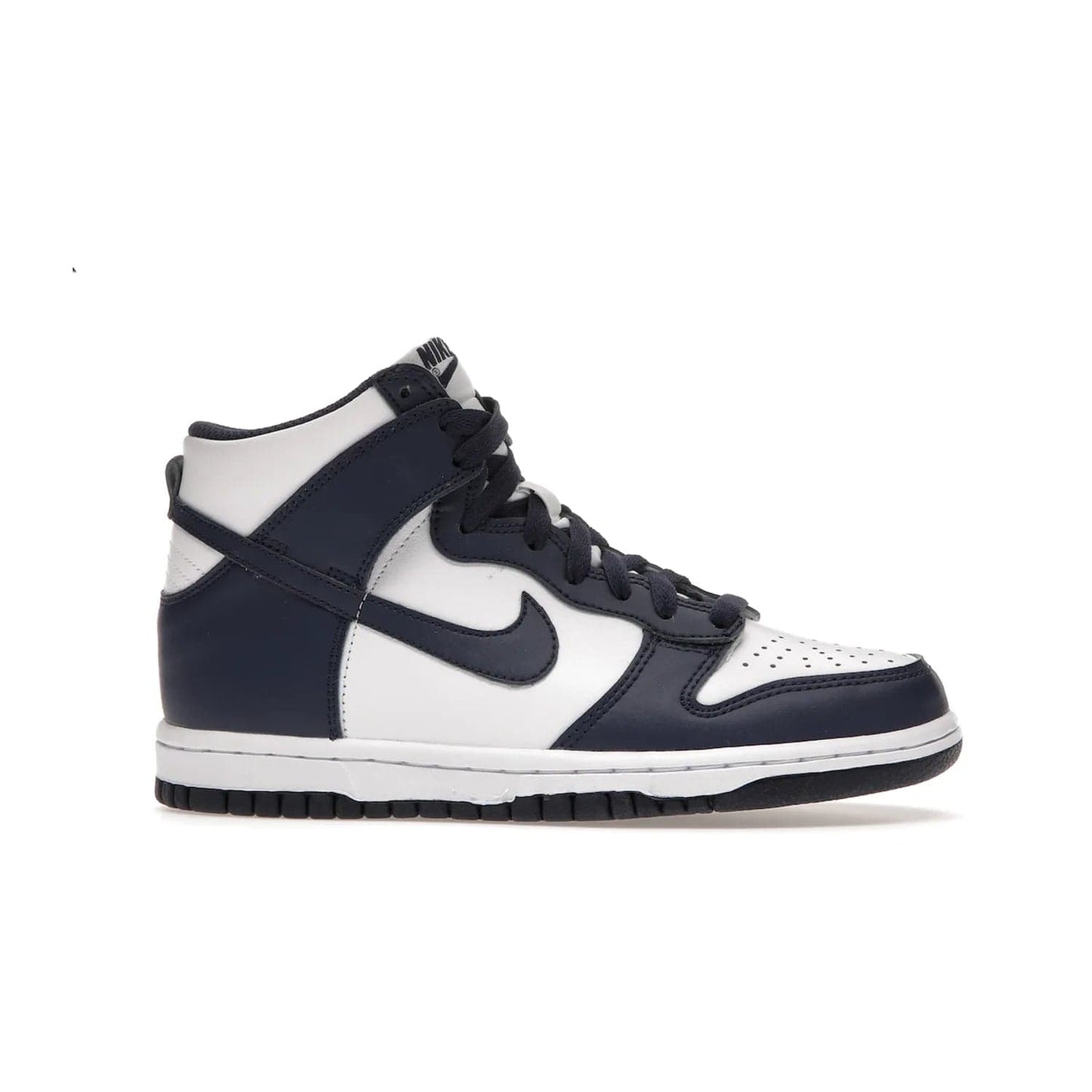 Nike Dunk High Championship Navy (GS) - Image 2 - Only at www.BallersClubKickz.com - Nike Dunk High Championship Navy GS: classic leather, suede, synthetic upper, chunky midsole, rubber herringbone sole. White base overlaid with Midnight Navy for a stylish finish. Padded high-cut collar and signature Nike swoosh design. Step out in these shoes and make a statement. Comfort and style at its finest.