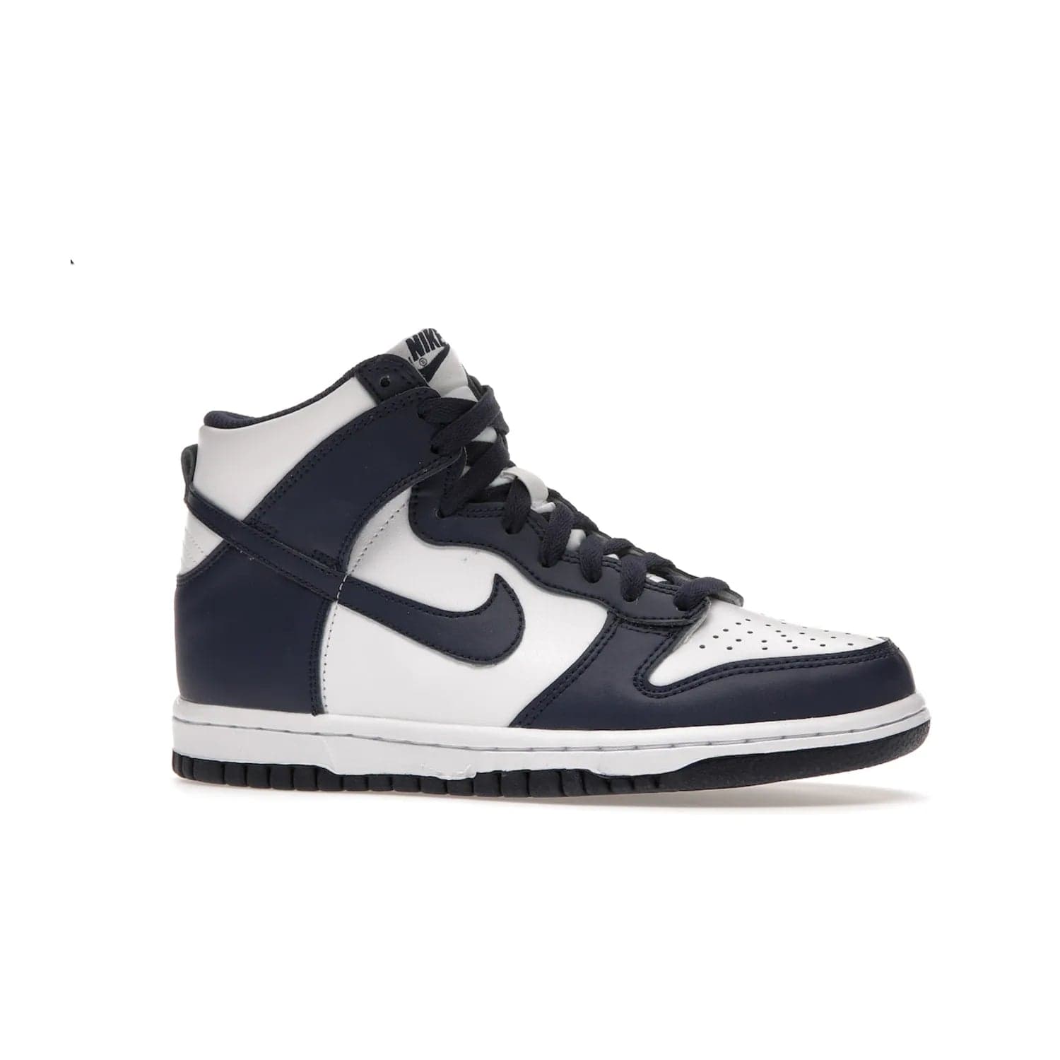 Nike Dunk High Championship Navy (GS) - Image 3 - Only at www.BallersClubKickz.com - Nike Dunk High Championship Navy GS: classic leather, suede, synthetic upper, chunky midsole, rubber herringbone sole. White base overlaid with Midnight Navy for a stylish finish. Padded high-cut collar and signature Nike swoosh design. Step out in these shoes and make a statement. Comfort and style at its finest.