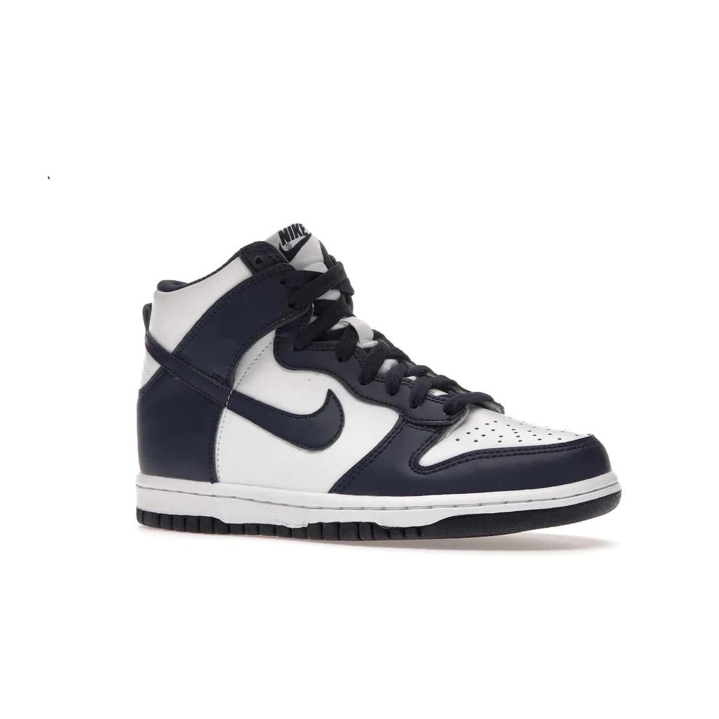 Nike Dunk High Championship Navy (GS) - Image 4 - Only at www.BallersClubKickz.com - Nike Dunk High Championship Navy GS: classic leather, suede, synthetic upper, chunky midsole, rubber herringbone sole. White base overlaid with Midnight Navy for a stylish finish. Padded high-cut collar and signature Nike swoosh design. Step out in these shoes and make a statement. Comfort and style at its finest.