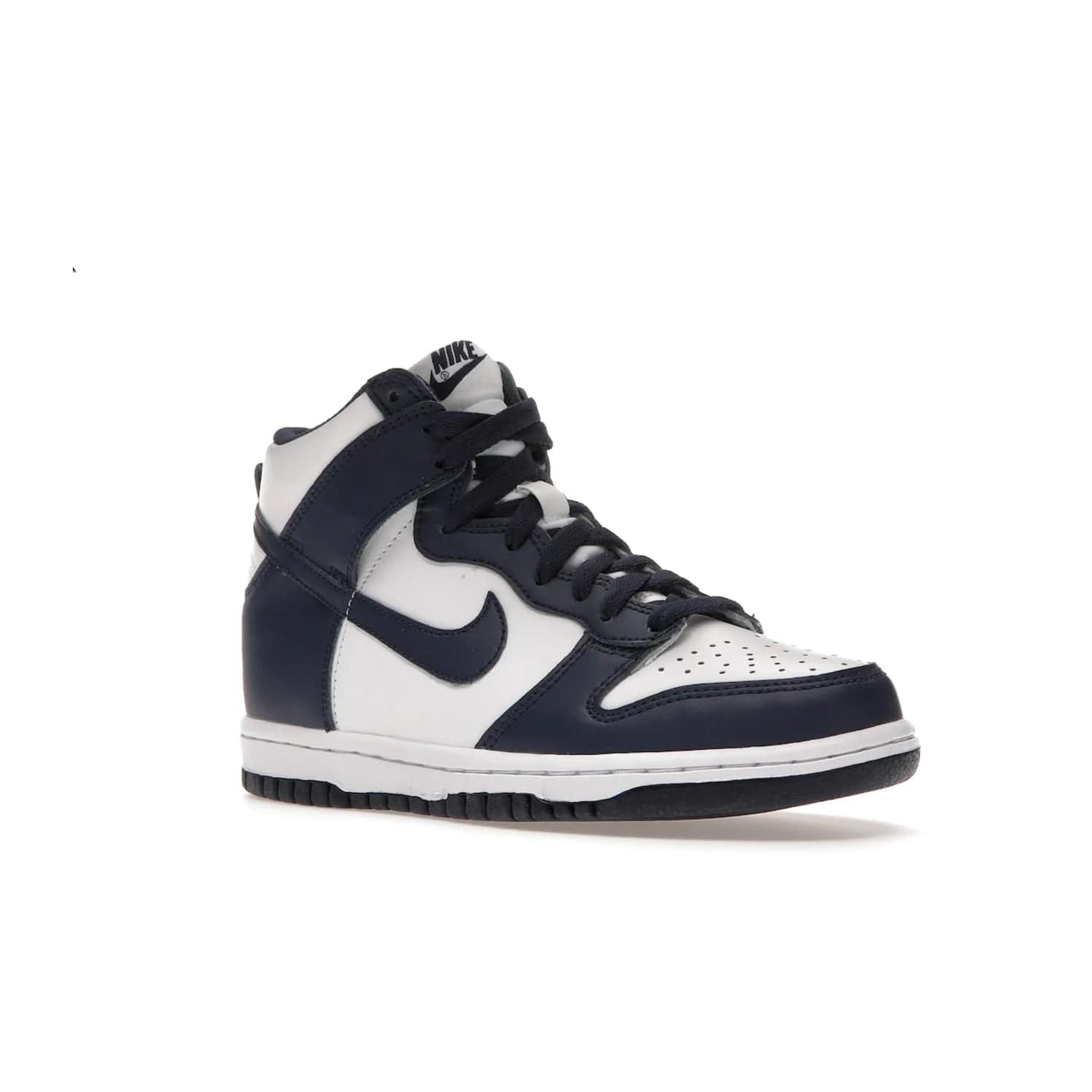 Nike Dunk High Championship Navy (GS) - Image 5 - Only at www.BallersClubKickz.com - Nike Dunk High Championship Navy GS: classic leather, suede, synthetic upper, chunky midsole, rubber herringbone sole. White base overlaid with Midnight Navy for a stylish finish. Padded high-cut collar and signature Nike swoosh design. Step out in these shoes and make a statement. Comfort and style at its finest.