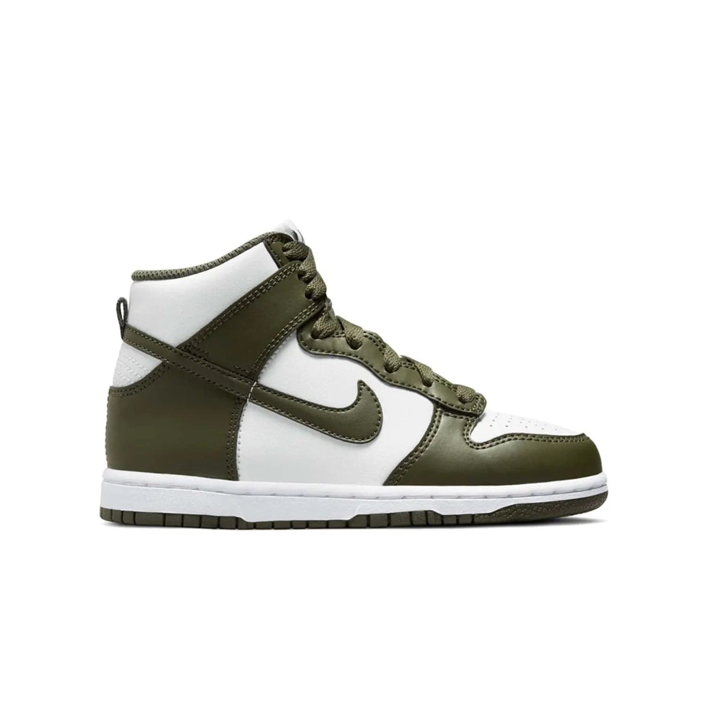Nike Dunk High Retro Cargo Khaki (PS) - Image 1 - Only at www.BallersClubKickz.com - Iconic Nike Dunk High Retro Cargo Khaki (PS) for young athletes provides superior performance & street-ready style. Padded tongue & collar for comfort & stability plus perforated toe box for improved air flow.