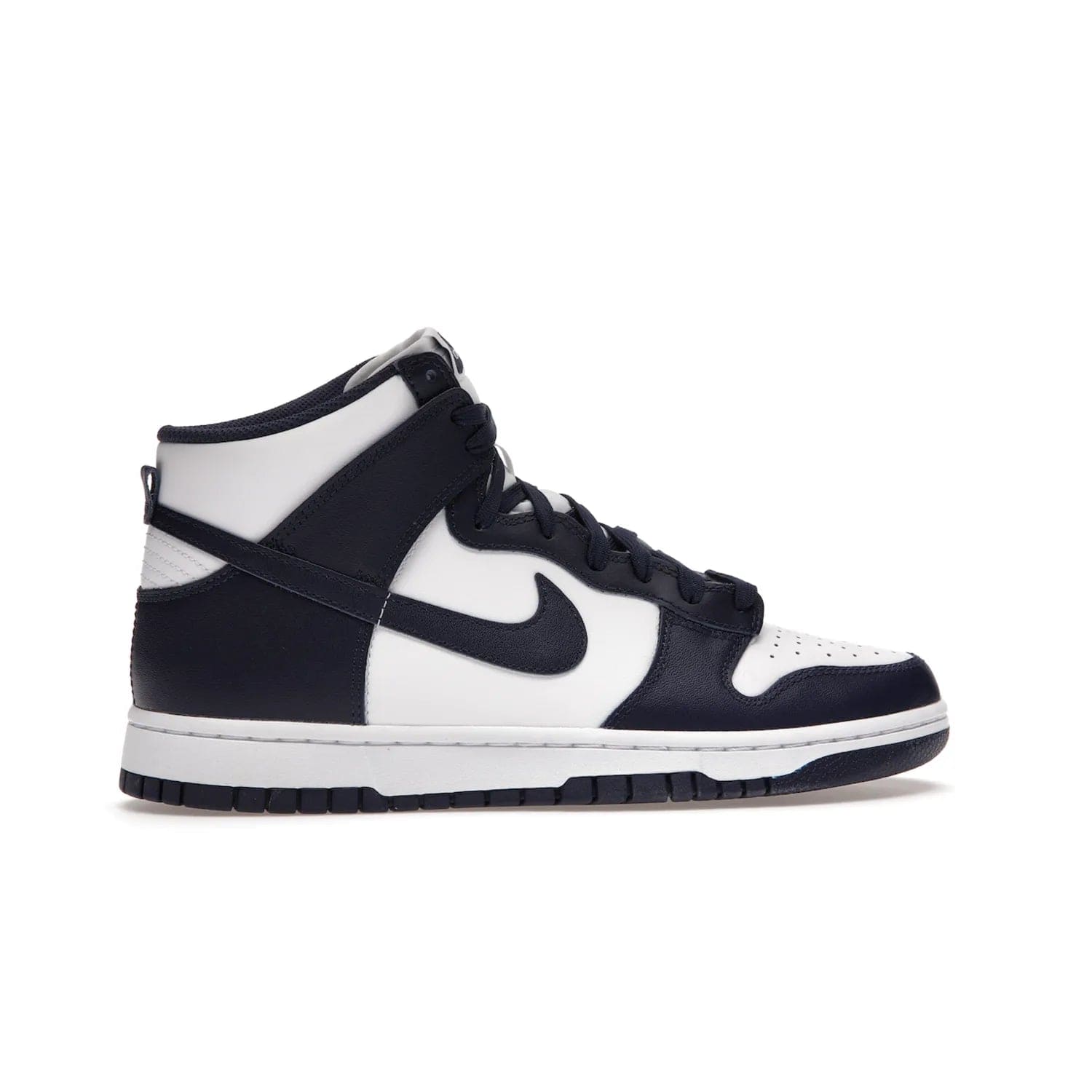 Nike Dunk High Championship Navy - Image 36 - Only at www.BallersClubKickz.com - Classic Nike Dunk High sneaker delivers an unforgettable style with white leather upper, Championship Navy overlays, and matching woven tongue label and sole. Make a statement with the Championship Navy today.