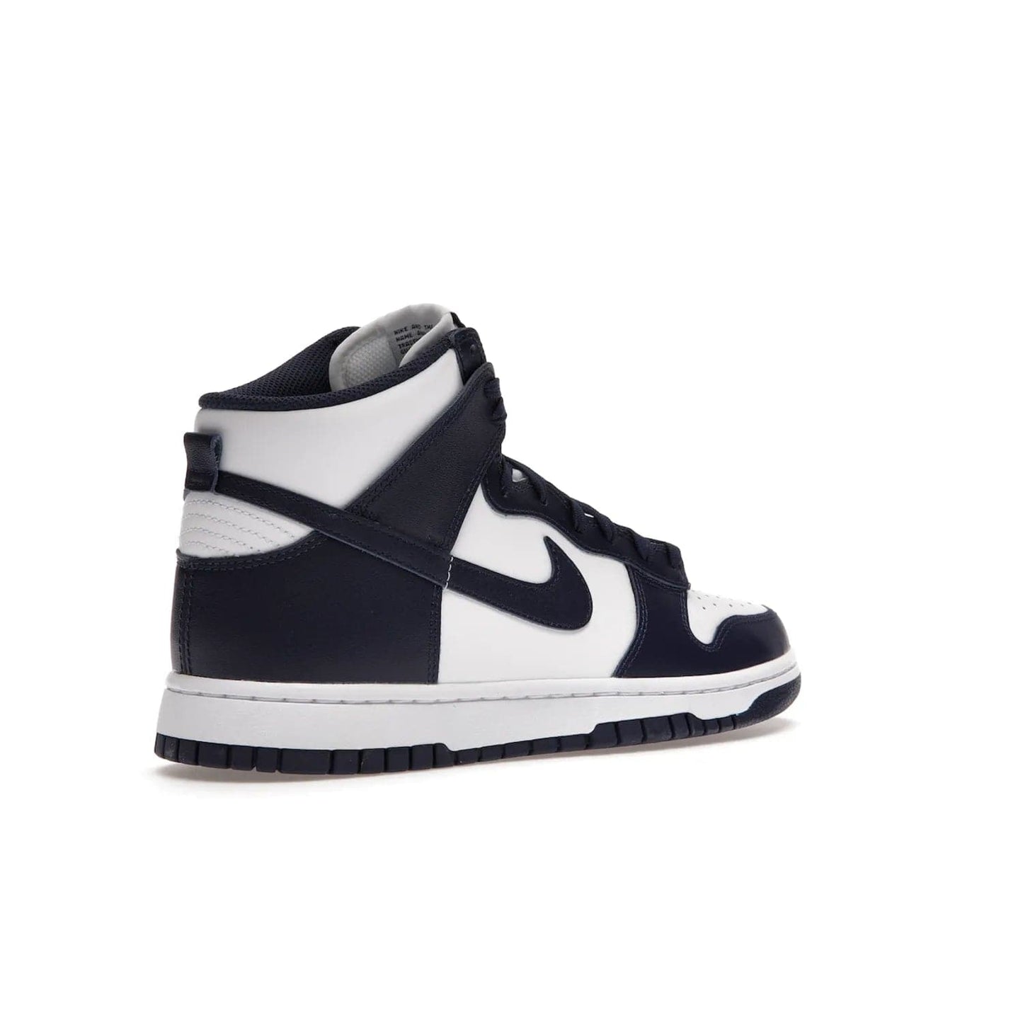 Nike Dunk High Championship Navy - Image 33 - Only at www.BallersClubKickz.com - Classic Nike Dunk High sneaker delivers an unforgettable style with white leather upper, Championship Navy overlays, and matching woven tongue label and sole. Make a statement with the Championship Navy today.