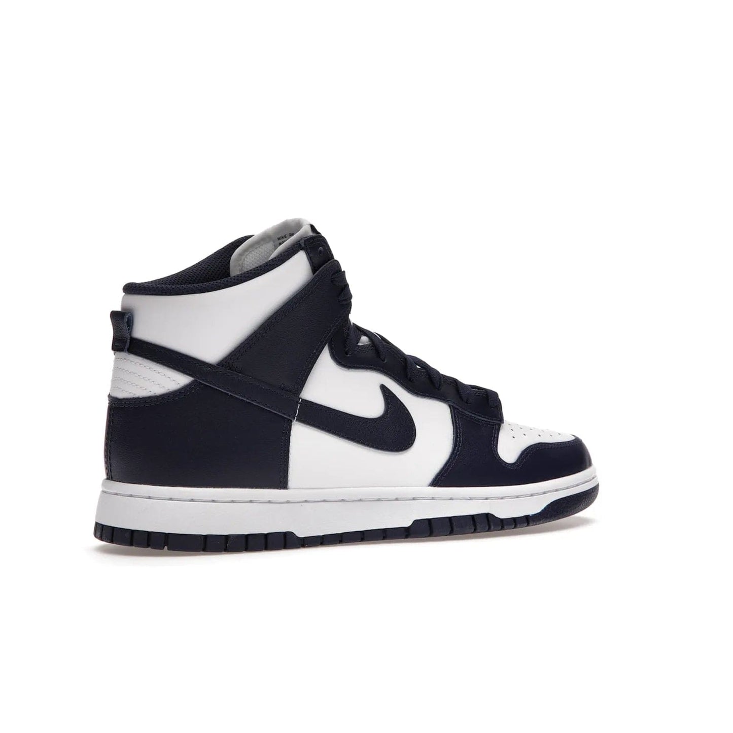 Nike Dunk High Championship Navy - Image 34 - Only at www.BallersClubKickz.com - Classic Nike Dunk High sneaker delivers an unforgettable style with white leather upper, Championship Navy overlays, and matching woven tongue label and sole. Make a statement with the Championship Navy today.